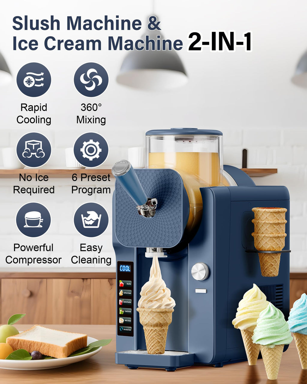 Slush Machine & Ice Cream Maker Machine 2-IN-1, 6 Modes for Smoothies, Milkshakes, Cocktails, Margarita, and Ice Cream, Double-Layer Tank, With Ice Cream Cone Holder, Self-Cleaning, For Home Use