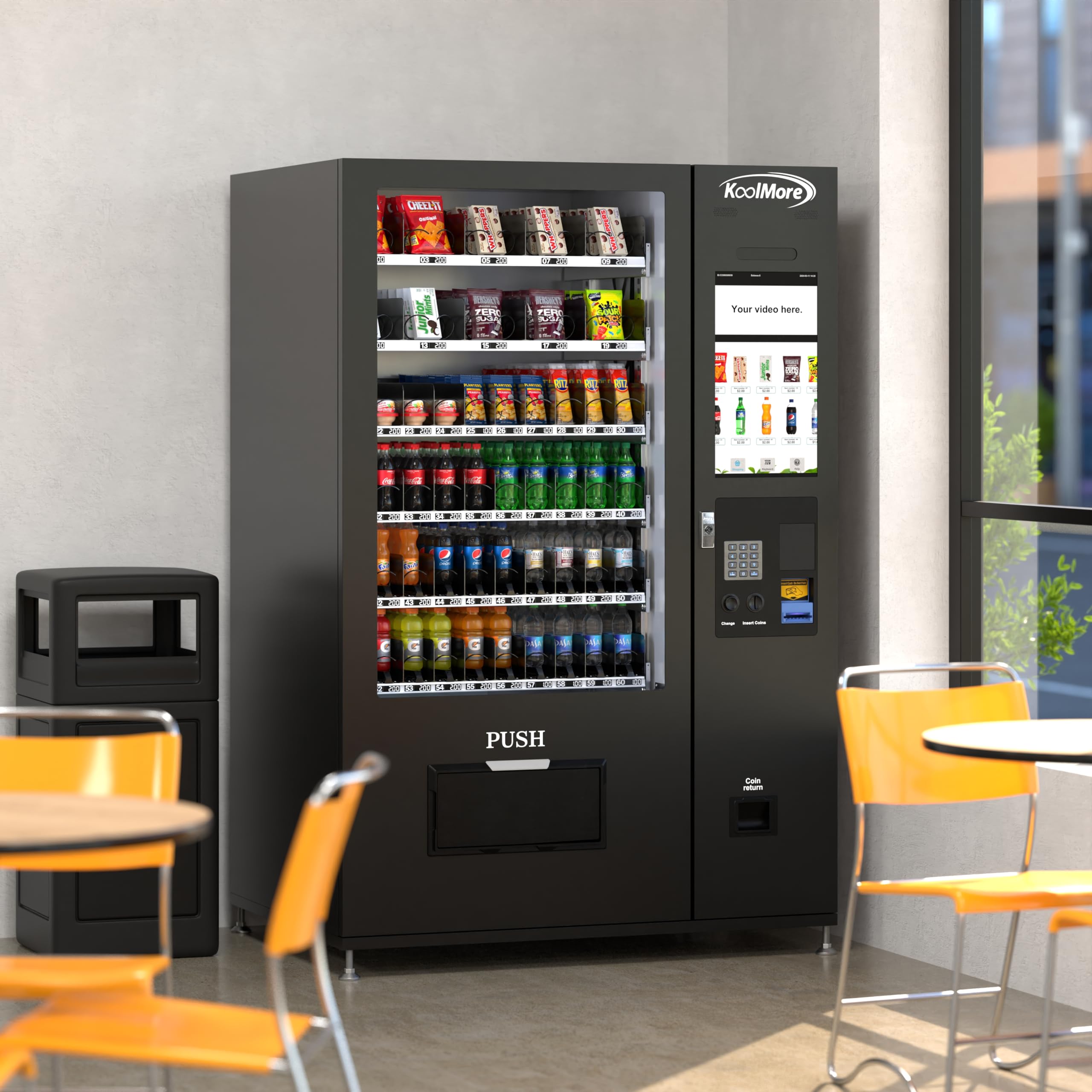 KoolMore Refrigerated Snack Vending Machine with 36 Slots Featuring a Credit Card Reader and Coin/Bill Acceptor in Black (KM-VMR-30-BCR)