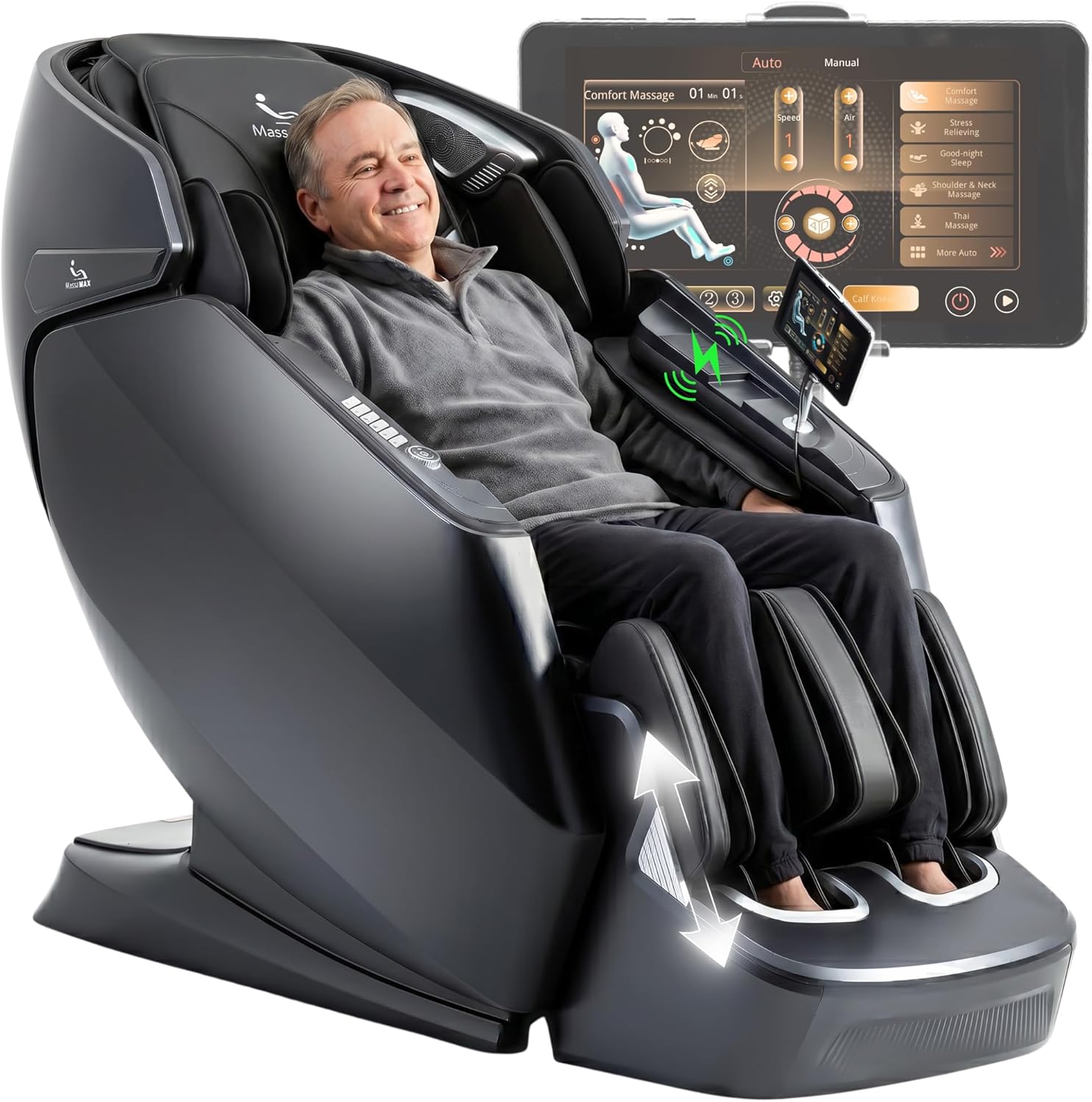 MassMAX Massage Chair for Stretch & Flexibility - 4D Full Body Recliner with Flexible 172°SL Track, Calf Kneading, Auto Footrest & 22 Modes for Premium Comfort A675 Black