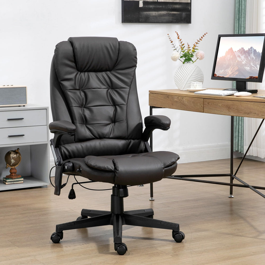 HOMCOM High Back Vibration Massage Office Chair with 6 Vibration Points, Heated Reclining PU Leather Computer Chair with Armrest and Remote, Brown