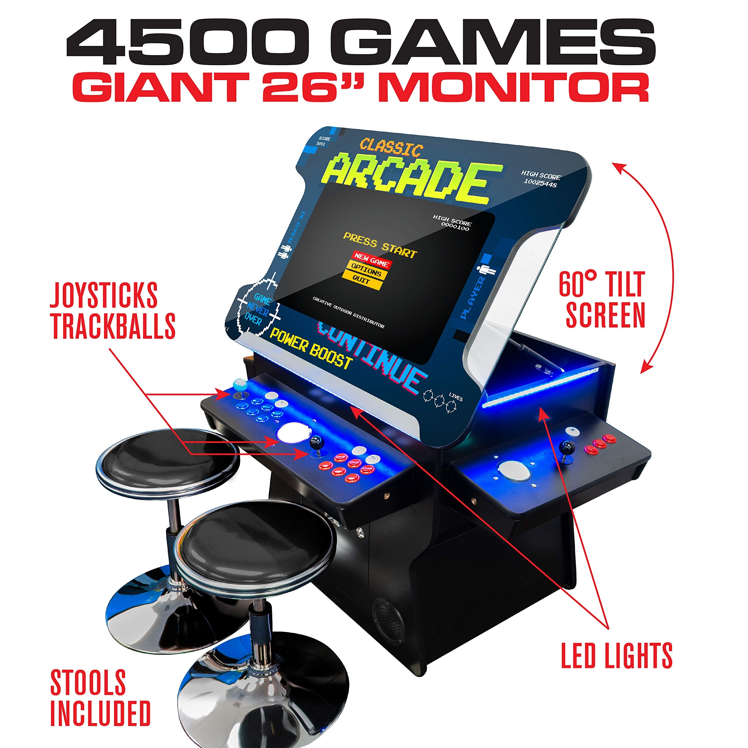 Creative Arcades Full Size Commercial Grade Cocktail Arcade Machine w/Lifting Screen | Trackball | Three-Sided | 4 Sanwa Joysticks | 2 Stools (4500 Games & 32" Screen & Woodgrain Edition)