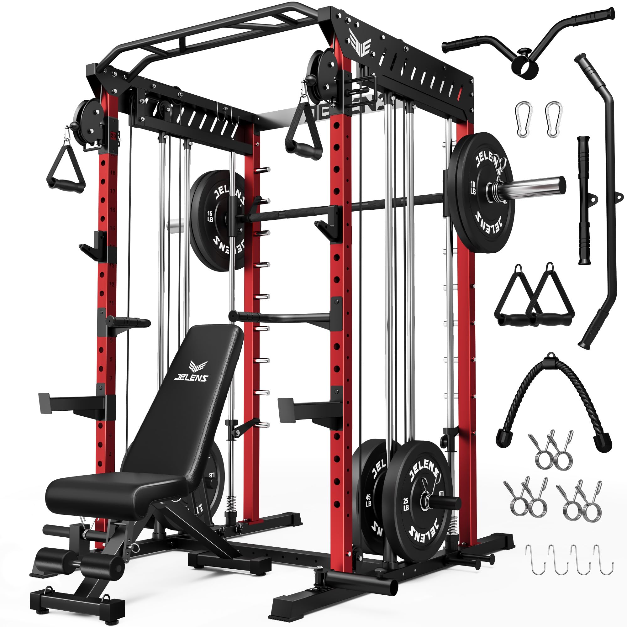 JELENS M21 Smith Machine, Multi-Function Power Cage with Dual Pulley Cable Crossover System, 2000LBS All-in-One Squat Rack with Smith Bar and Attachments for Home Gym