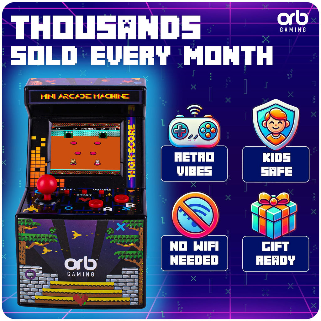 Mini Arcade Machine, 240 Built-in 8-Bit Games, 2.5” Full Colour Screen, 8-Way Joystick, Handheld Retro Games Console – Orb Gaming by ThumbsUp!