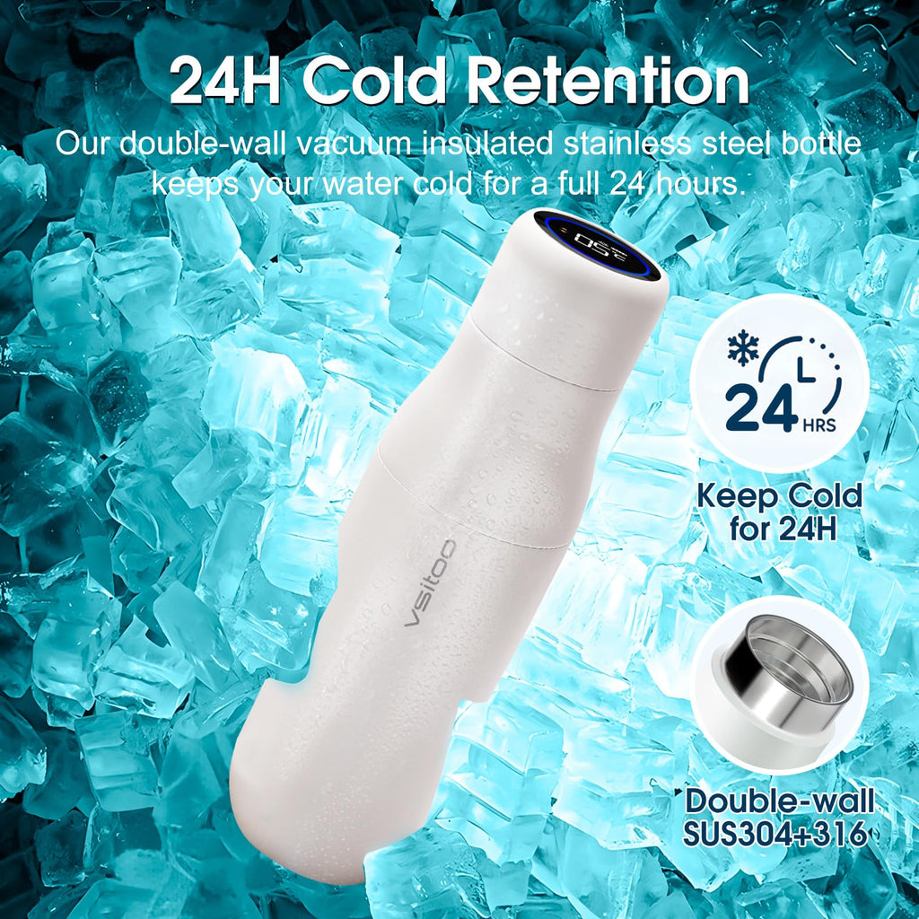 VSITOO 15oz Mini Smart Water Bottle，Self-Cleaning Insulated Bottle, Small Thermoses with AI, App & Touchscreen, Perfect Purse Water Bottle for Travel, Gym & Office, Pink