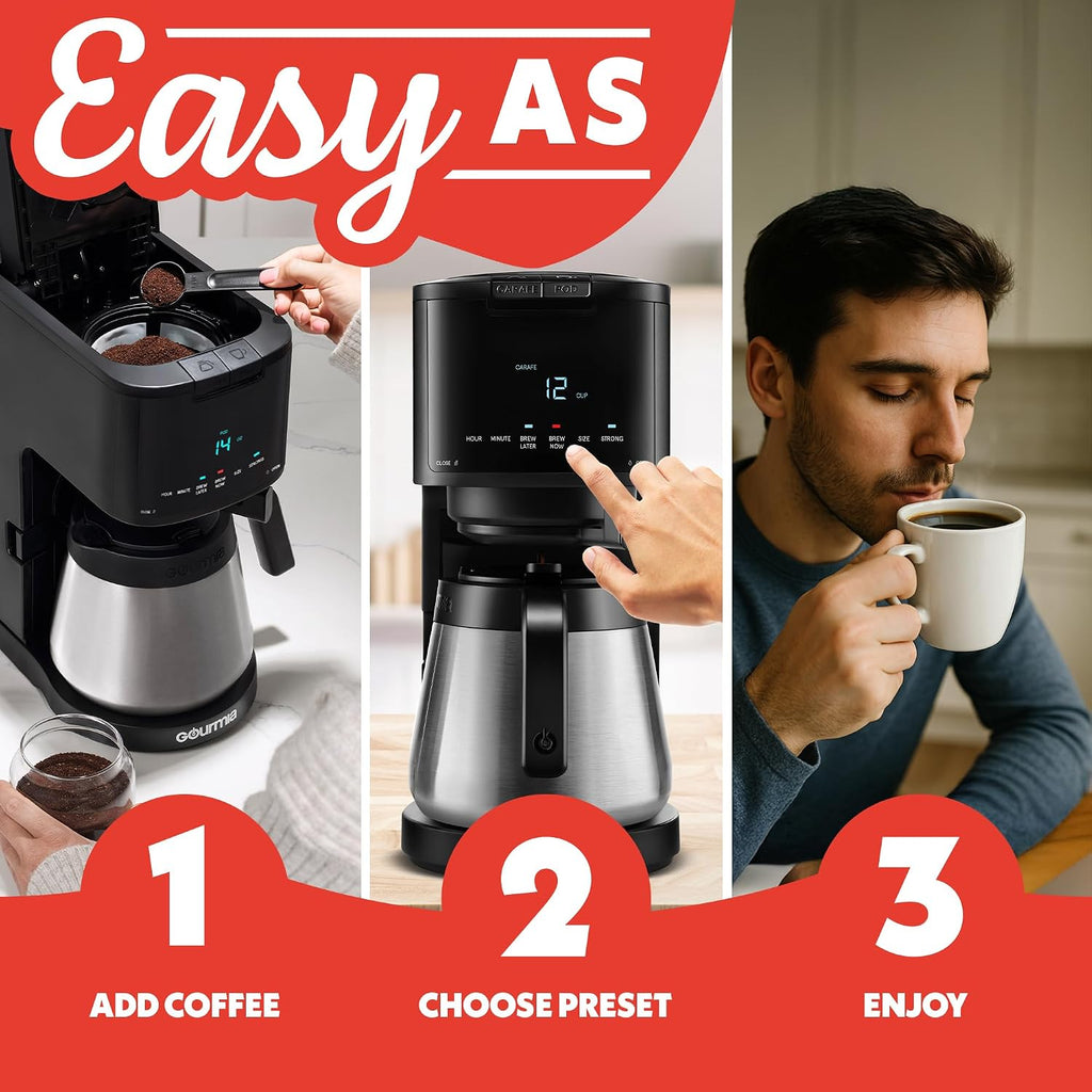 Gourmia 2-in-1 Single Serve and 12 Cup Coffee Maker - Drip Brew, K-Cup Compatible, Programmable, Pause and Serve, Removable Filter, Thermal Carafe, Black