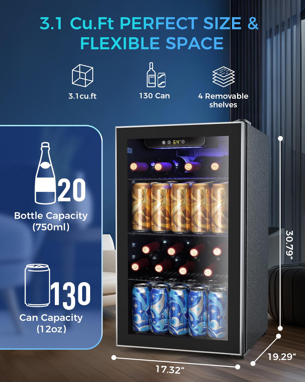 Electactic 50 Cans Beverage Refrigerator Cooler, 1.3 Cu.ft Mini Fridge Countertop Drink Cooler with Glass Door for Beer, Soda,Wine, Adjustable Digital Temperature Control for Home Dorm Bar, Black