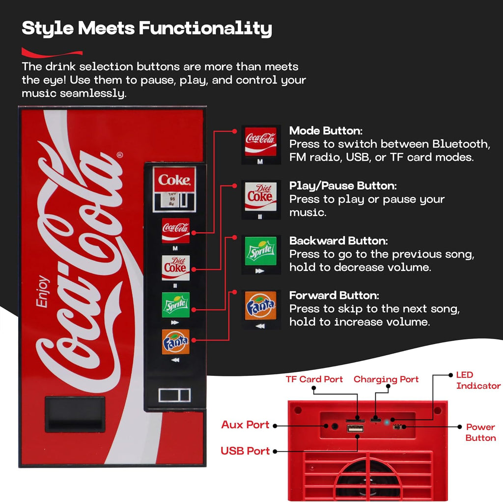 Coca-Cola Vending Machine Bluetooth Speaker, Dual 5W Speakers, Wireless Bluetooth v5.3, FM Radio, USB/MicroSD Playback, AUX Input, 10m Range, Rechargeable Battery, LED Indicator, Coca-Cola Licensed