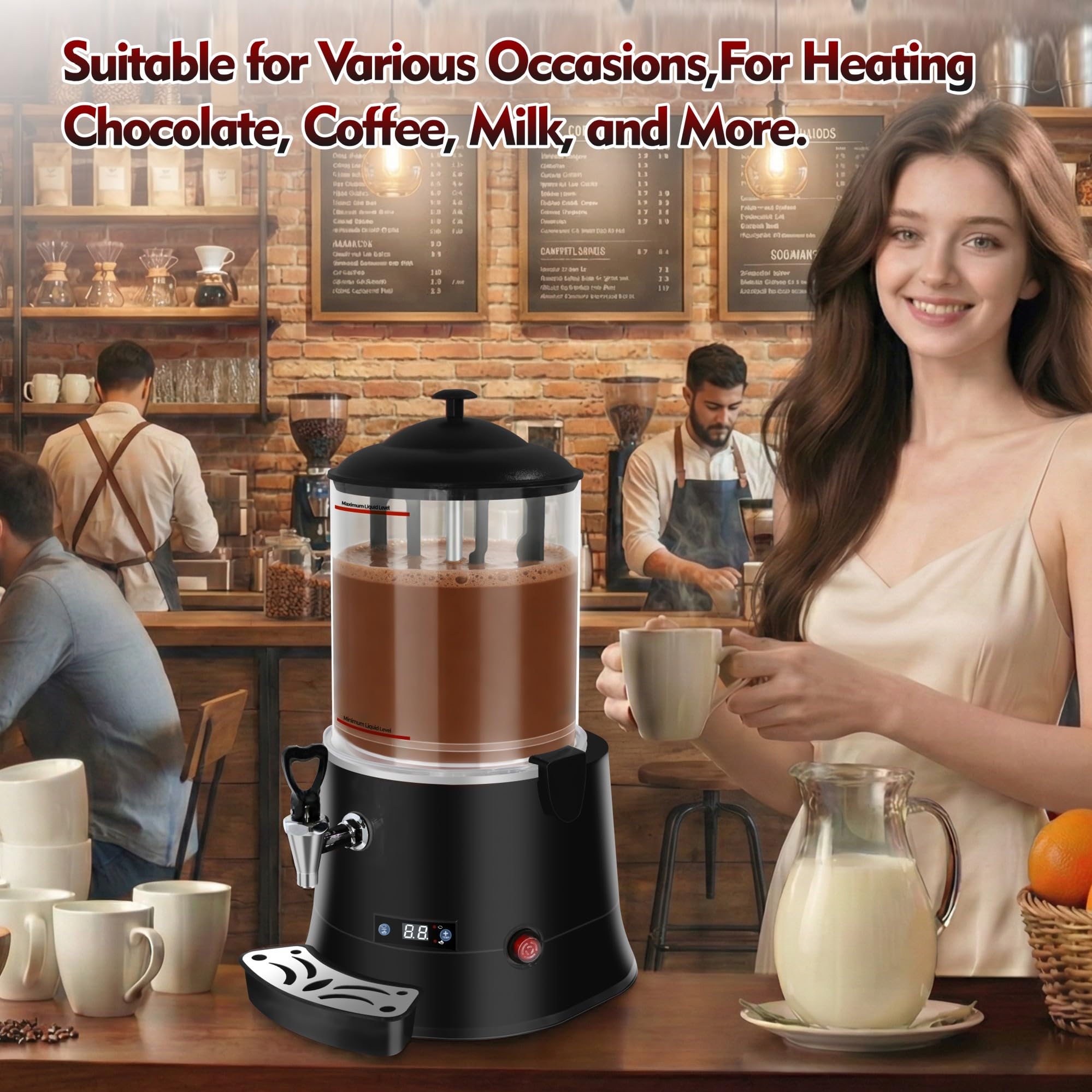 10L/2.64Gal Commercial Hot Chocolate Machine, with Intelligent Temperature Control Hot Beverage Warmer, Temperature Range 86°F-194°F, Heat Chocolate, Coffee, Tea, Juice, and Red Wine-Red 5i5