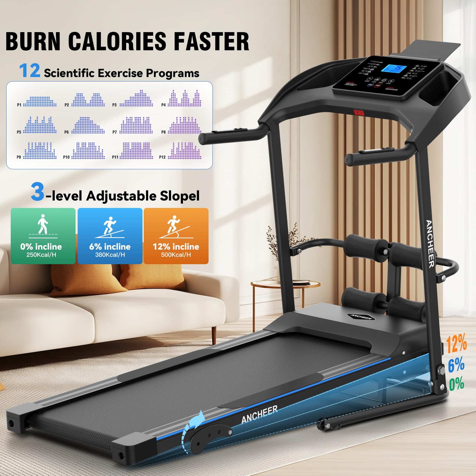 Multifunctional Folding Treadmill with Sit-Up & Incline, 3.5 HP Portable Running Treadmills for Home, 350 LBS Weight Capacity, Smart LCD Display with Heart Rate Monitor & Body Fat Measurement