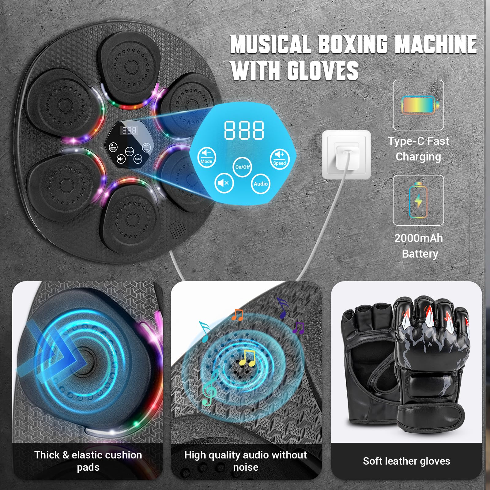 Music Boxing Machine for Adults & Kids, Bluetooth Smart Boxing Wall Machine with Gloves, 9 Modes, 6 Speeds & 3 Sensitivity, Electric Light Up Music Punching Machine for Home & Gym
