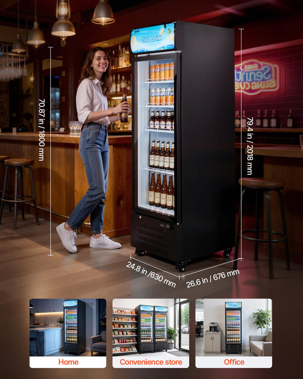 VEVOR Commercial Merchandiser Refrigerator, 6.9 Cu.Ft / 195L Glass Door Display Refrigerator, Upright Beverage Cooler Fridge with 4 Adjustable Shelves, Soft LED Light & Casters for Homes Shops Bars
