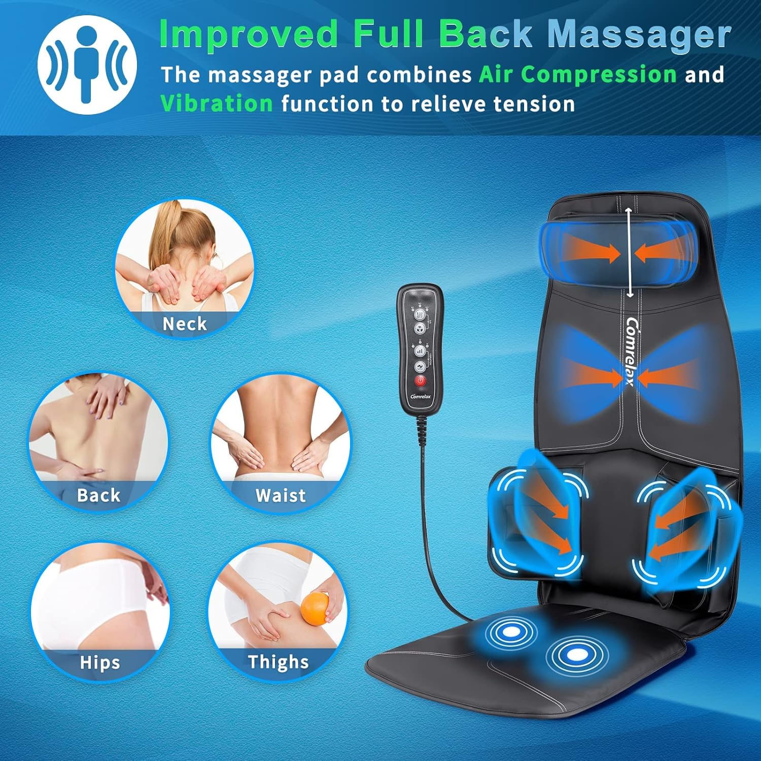 Back Massage Cushion with Compress, Vibration Seat Massage Chair Pad,3 Modes & 3 Intensities Back and Neck Massage for Muscle Fatigue Stress Relief