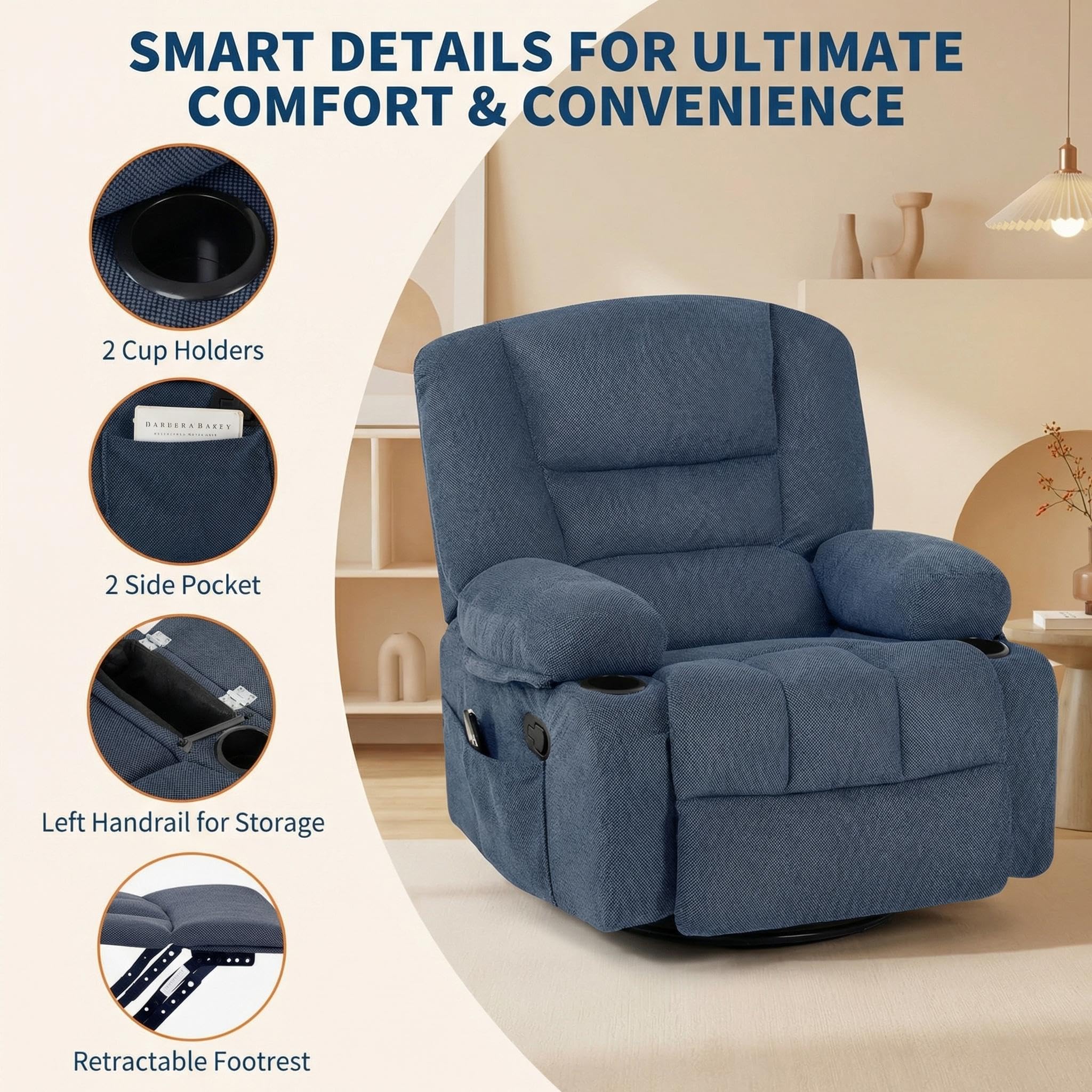 Oversized Wide Recliner Chair with Vibration Massage and Heat, 360° Swivel Recliner Glider for Adults,Chenille Fabric Manual Reclining Single Sofa with Cup Holders & Side Pockets for Living Room,White