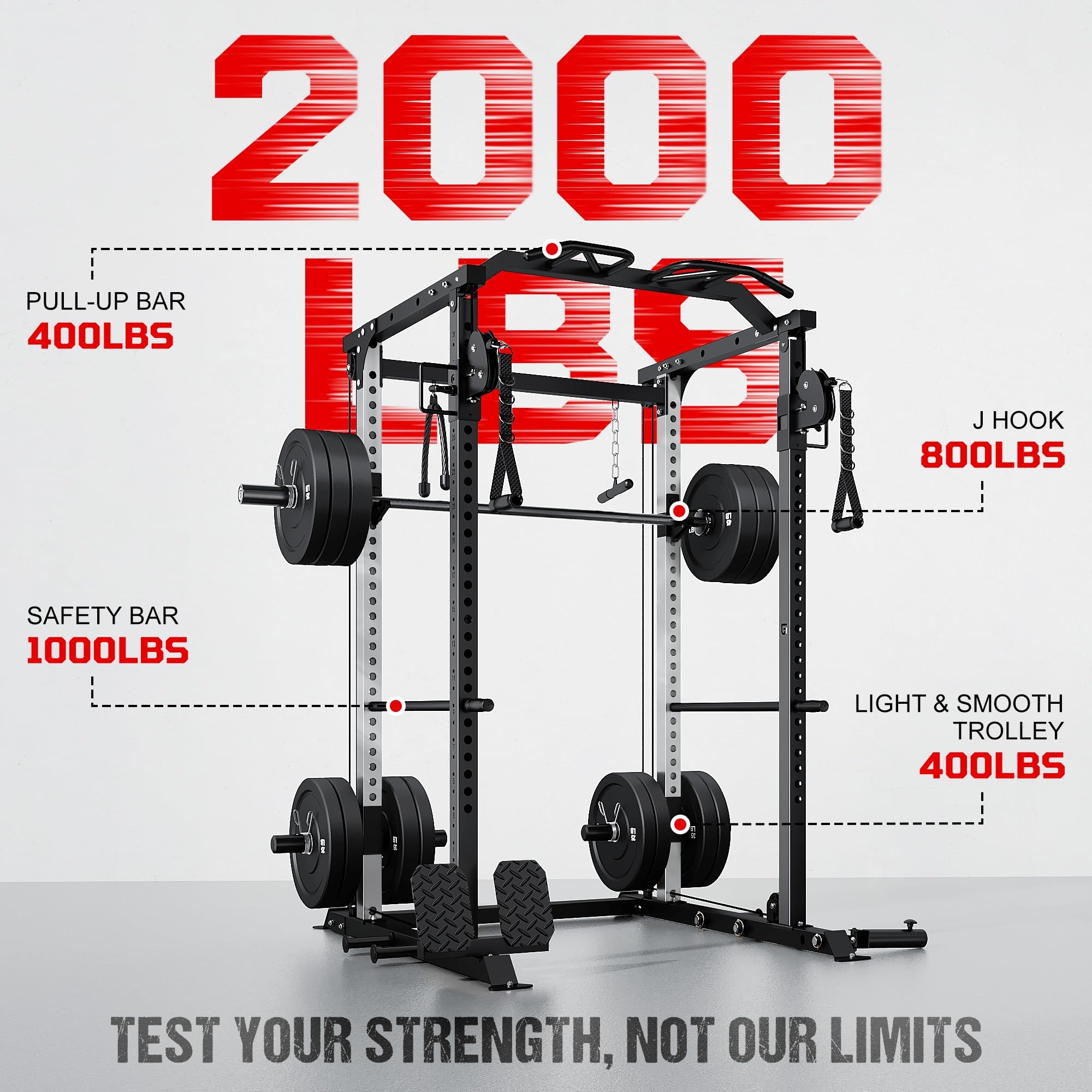 DP01 Power Cage, 2000LBS Squat Rack with with Cable Crossover and Dual Independent Pulley System, Full Cage for Full Body Training, Power Rack with More Training Attachments for Home Gym