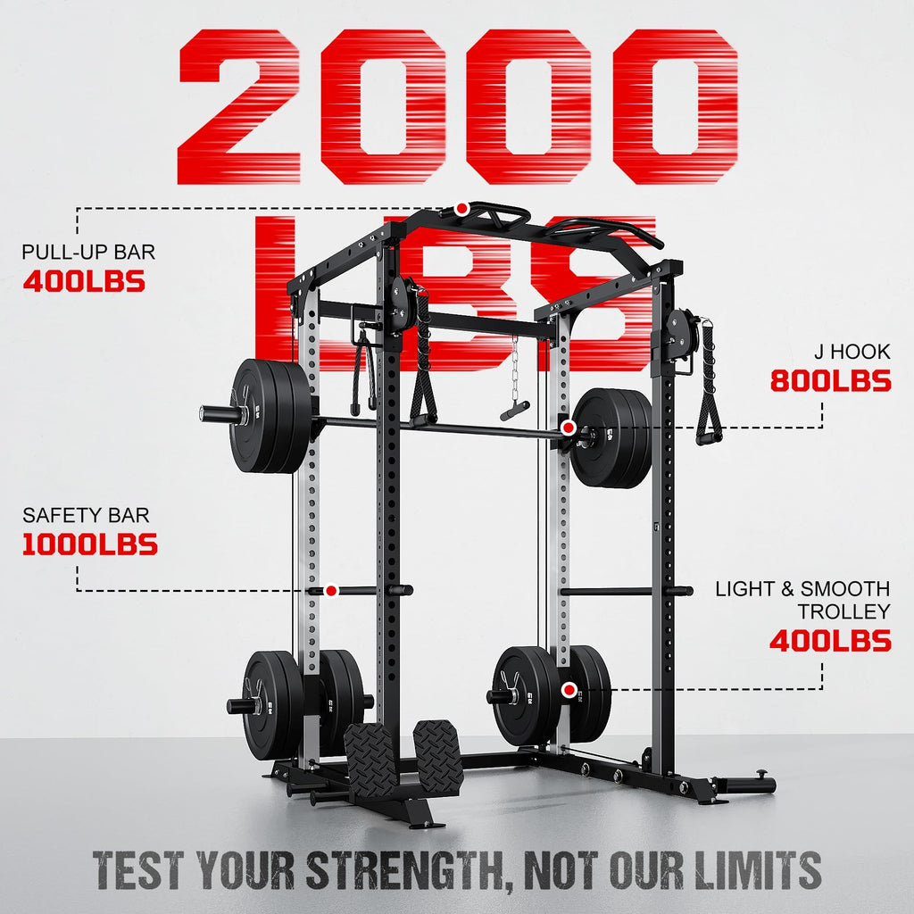 DP01 Power Cage, 2000LBS Squat Rack with with Cable Crossover and Dual Independent Pulley System, Full Cage for Full Body Training, Power Rack with More Training Attachments for Home Gym
