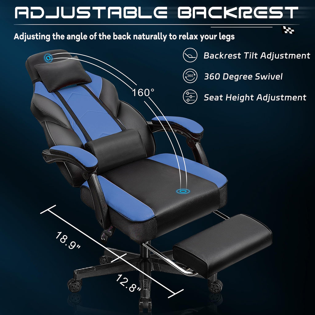 Gaming Chair for Adult, Computer Chair with Footrest Video Game Chair Big and Tall Gaming Chair with Massage Lumbar Support, Adjustable Height and 360° Swivel Seat(Grey)