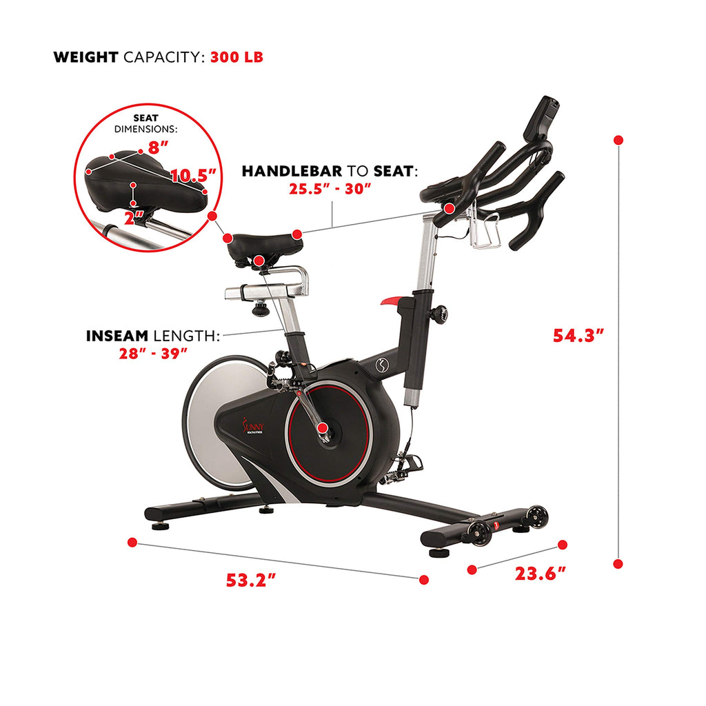 Sunny Health & Fitness Indoor Intensive Cycling Exercise Bike, Adjustable Cardio Training Exerciser w/Emergency Brake for Home, Optional Free SunnyFit App Bluetooth Link + Electromagnetic Resistance
