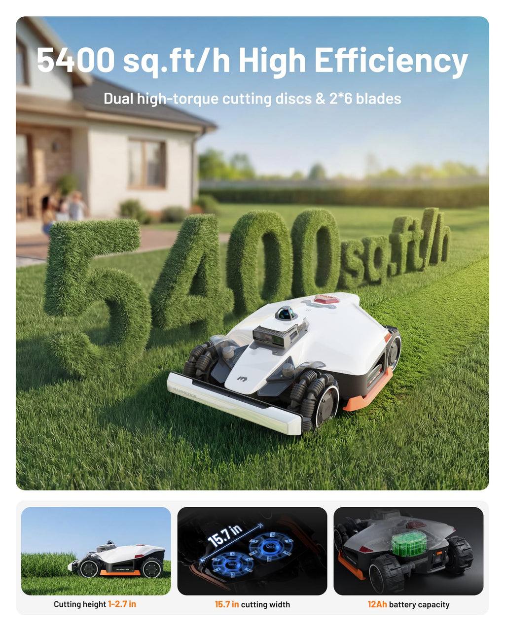 Mammotion LUBA 3 AWD 5000H Robot Lawn Mower for 1.25 Acres, 360° LiDAR+NetRTK+AI Vision Tri-Fusion Positioning, All-Wheel-Drive for 80% Slopes, 50 Multi-Zone Management, Cutting Height 2.2"-4.0"