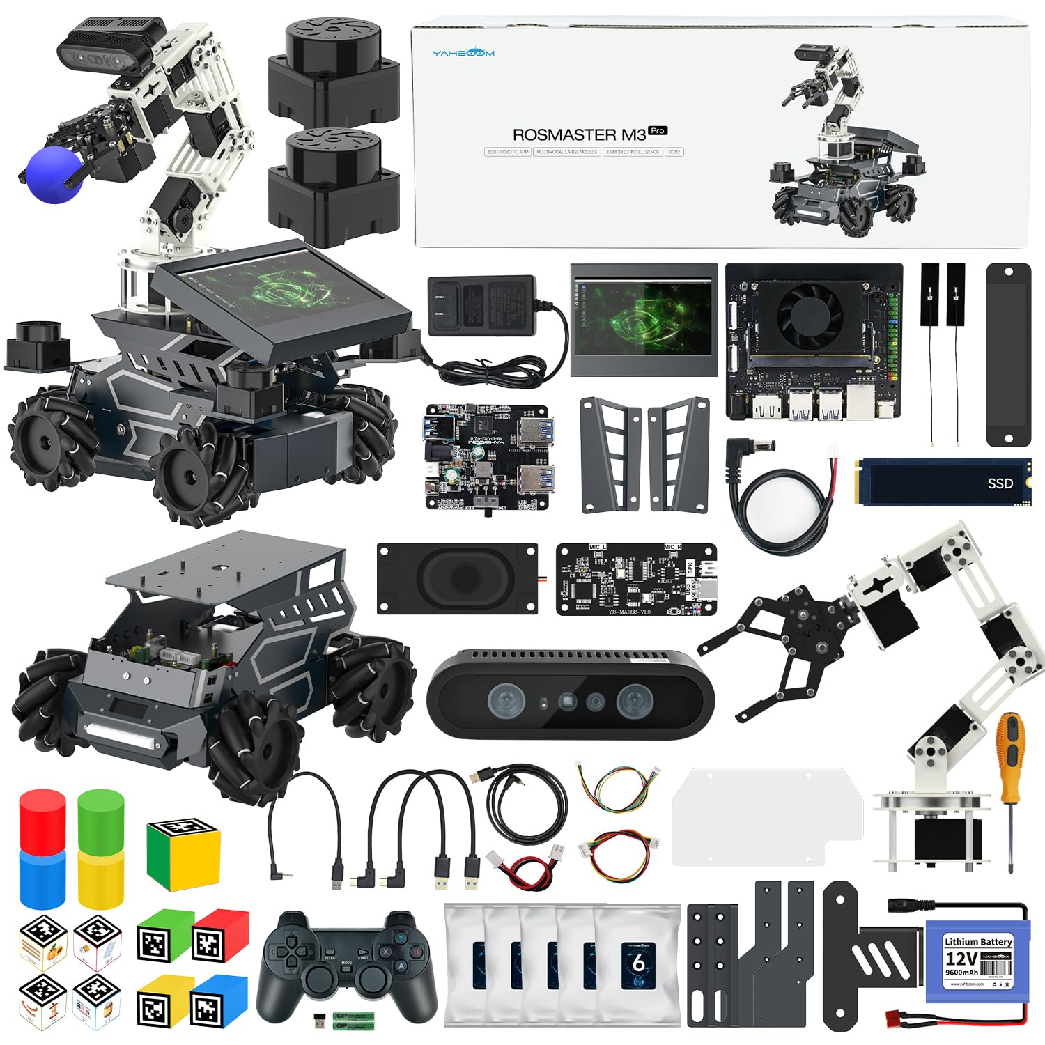 Yahboom ROS2 Robot Kit with Jetson Orin Nano 8GB Super Large AI Model with 6DOF Robotic Arm, 7-inch HD Display,AI Voice Interaction Module Provides AI Vision App Control
