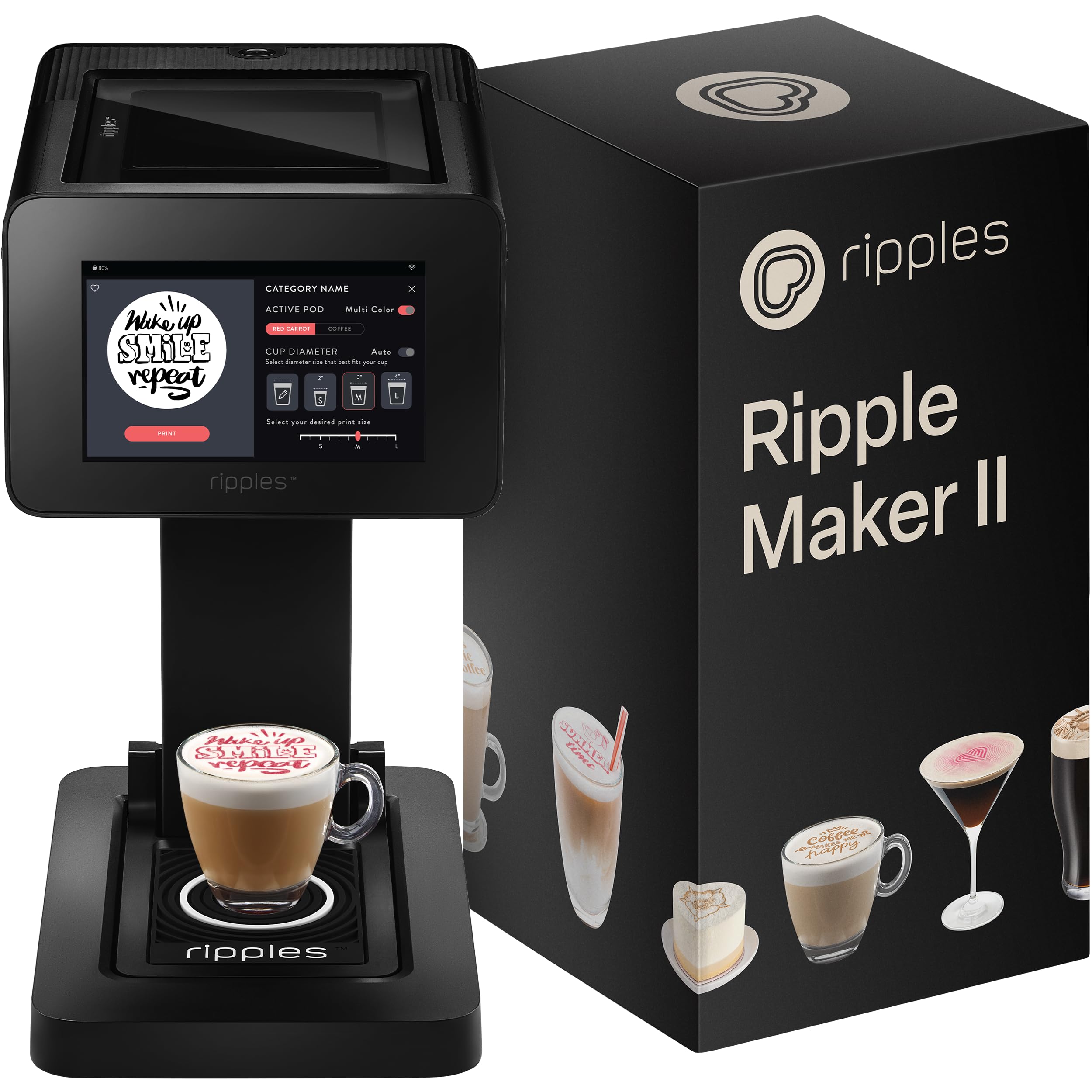 Ripples The Original Maker II, Print on Beverage Foam and Desserts, Plant-Based Ingredients Only, Selfie and Personalized Designs (Machine + Chameleon Pod)