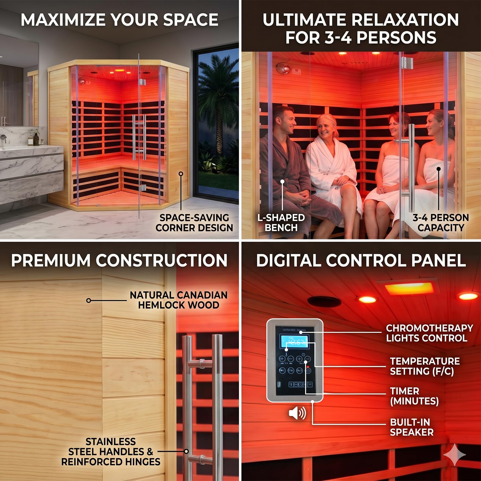 1350W Far Infrared Home Sauna, Energy-Efficient Fast-Heating Indoor Sauna Room with Bluetooth & 7-Color Therapy, Canadian Hemlock Wood, Modular Design - Ideal for Home Gym, Family Relaxation