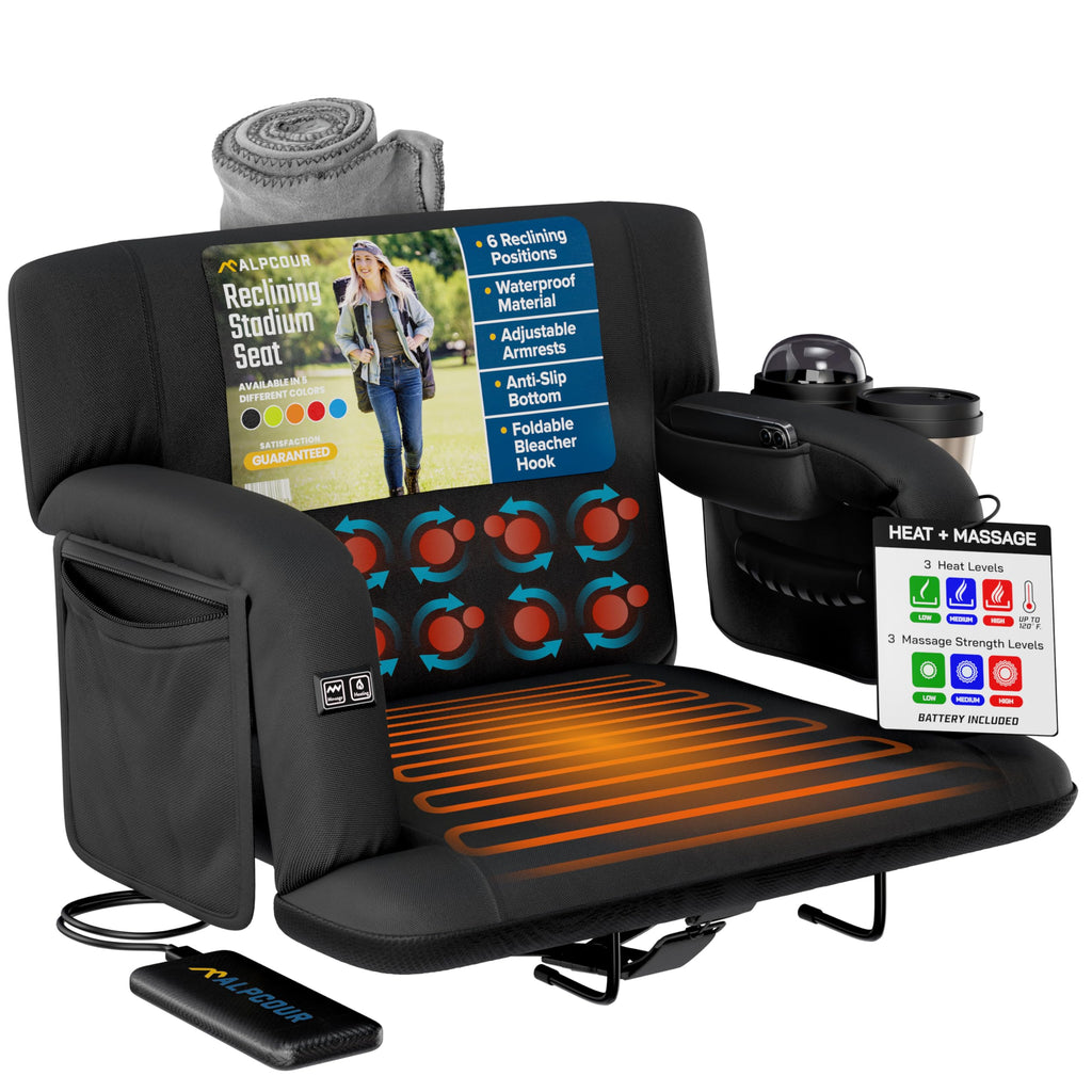 Alpcour Heated Massage Reclining Stadium Seat for Bleachers – Wide Bleacher Chair with Back Support and Cushion, Armrests, Large Pockets, and Multiple Safety Features – Best Stadium Seats Chairs