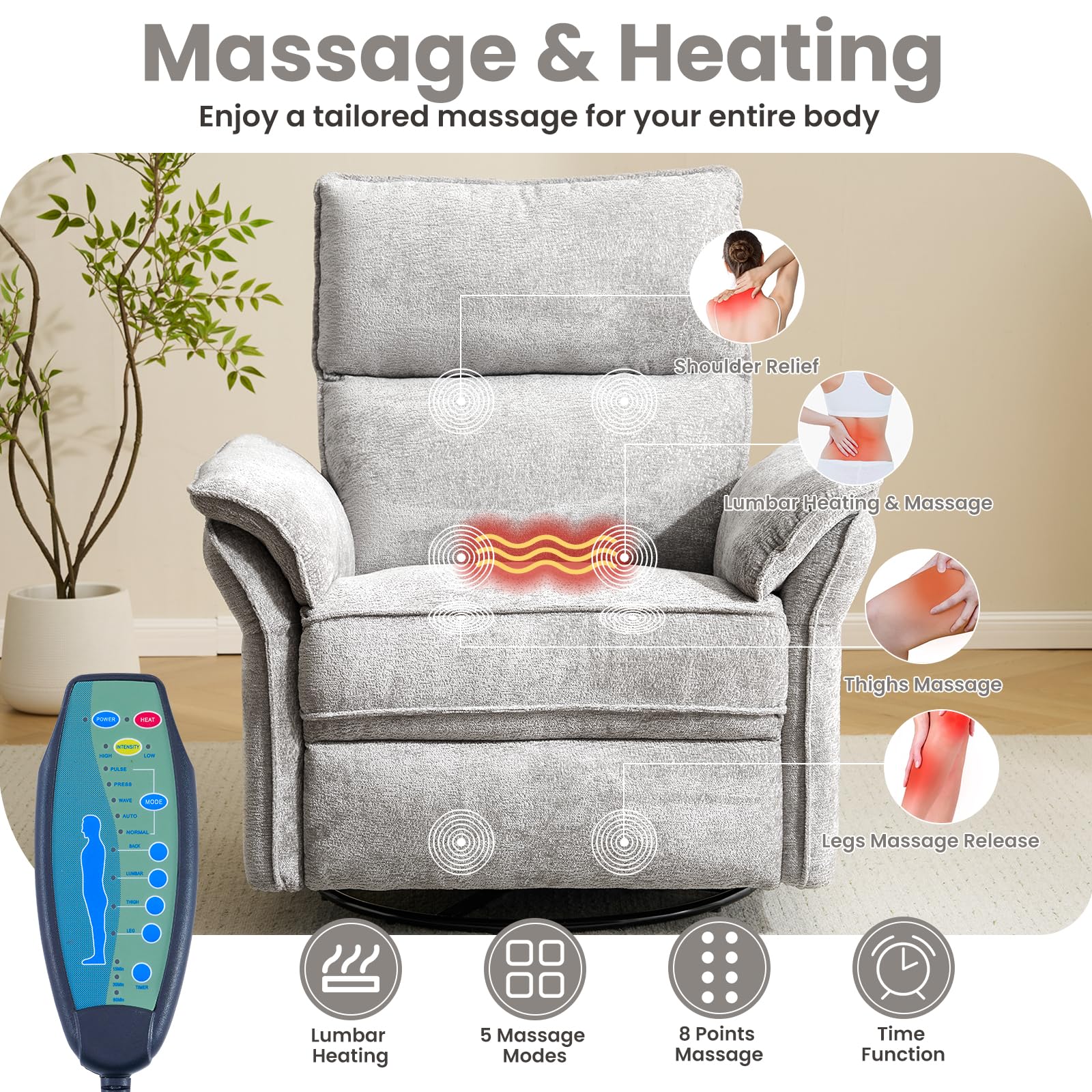 Oversized Rocking Chair Nursery with Massage and Heat, Glider Recliner Nursery Chair with Adjustable Headrest, Power Swivel Rocker Recliner Chair with USB Port, Dark Grey