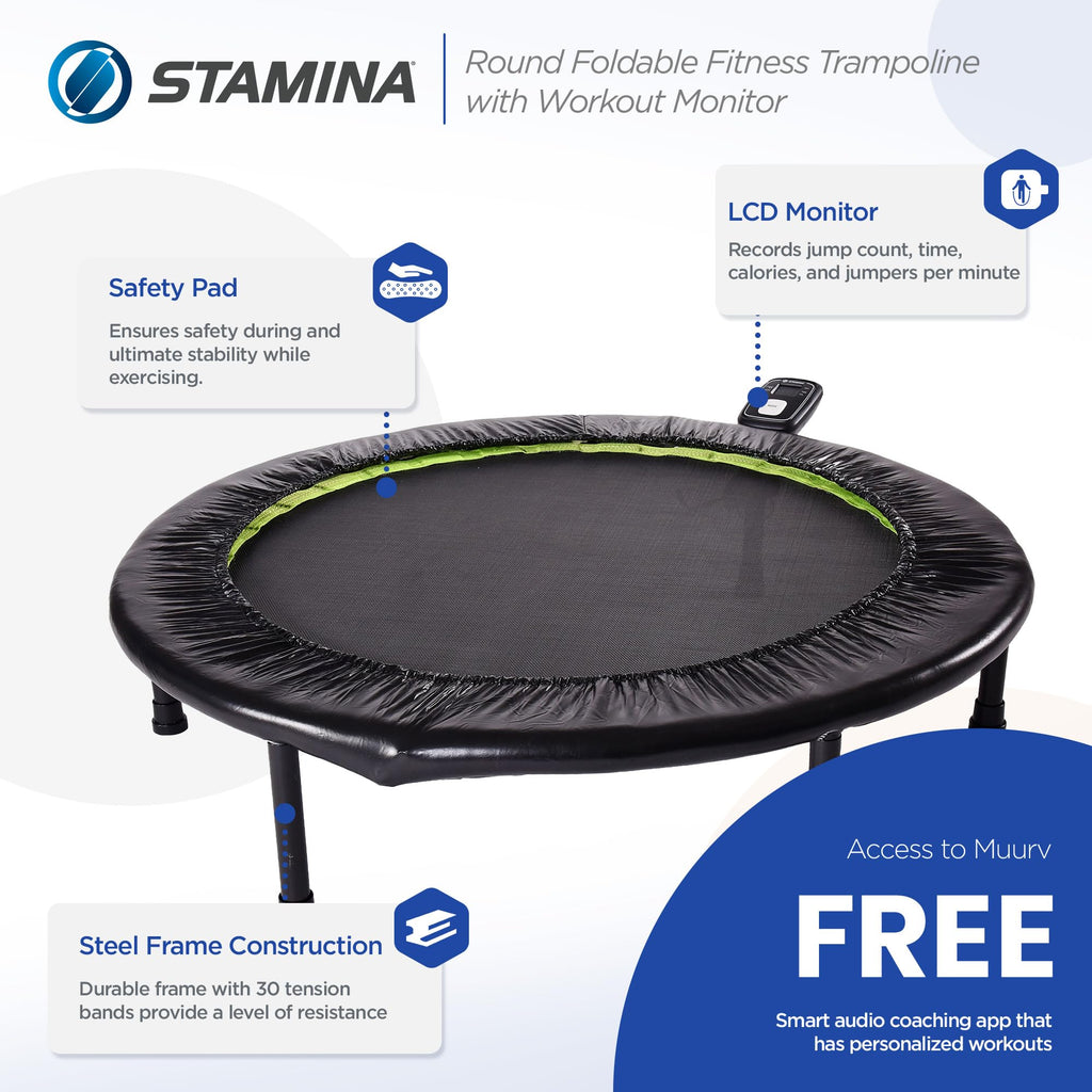 Stamina Folding Trampoline with Smart Workout App, Black - Portable Fitness Rebounder for Home Gym, Cardio & Strength Training, Jumping Exercise Equipment