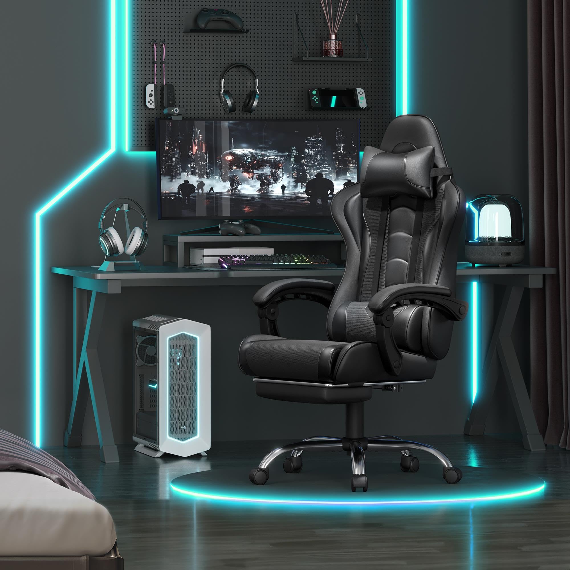Yaheetech Gaming Chair with Electric Massage Lumbar Support, Footrest & Headrest — Ergonomic High Back Recliner for Home Office, Computer Desk Chair, Height Adjustable, 300 lbs, Black/White