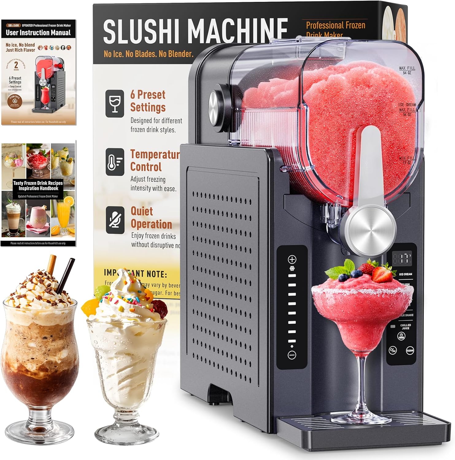 BKPPM Slushie Machine: No Ice Needed Slushy Machine for Home, 6 Preset, Real-Time Temp Display, Auto-Clean | Frozen Margaritas, Cocktails, Frappés, Ice Cream, Smoothies, Milkshakes,Summer Parties