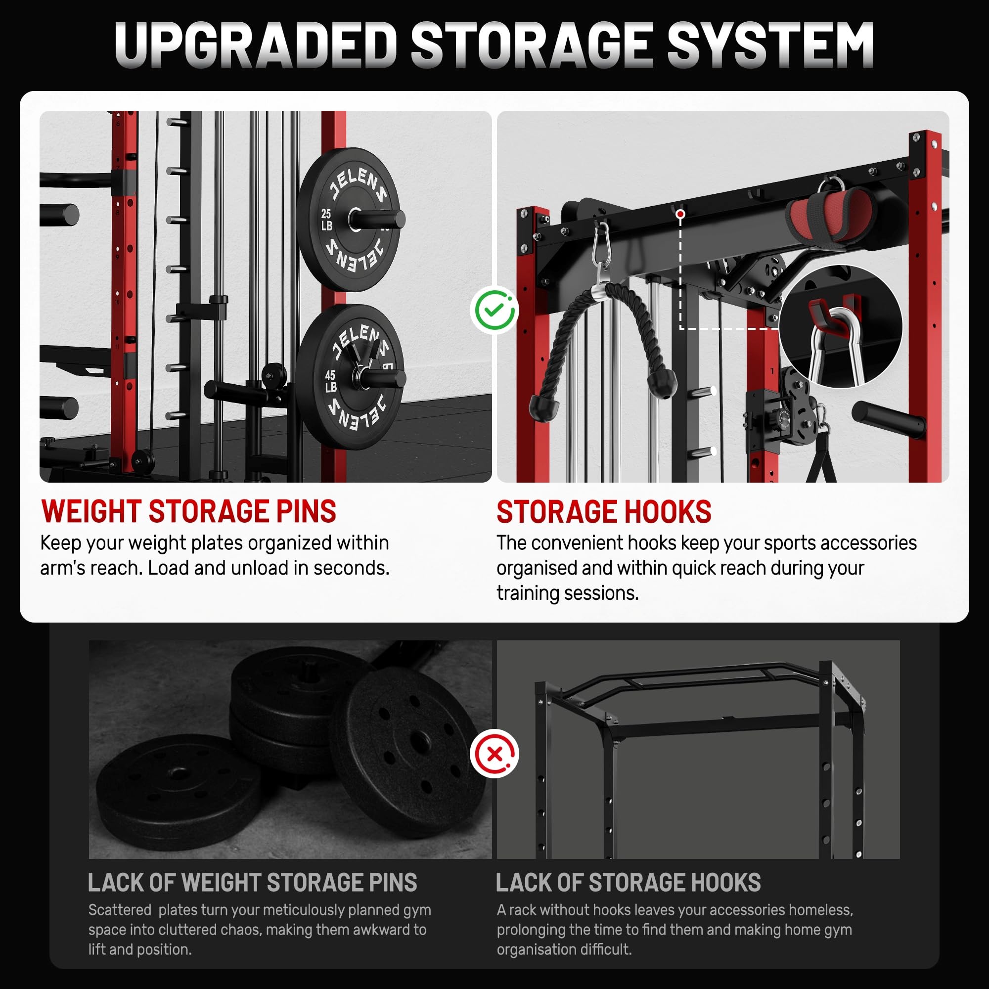JELENS Smith Machine for Home Gym, Multi-Function M12 Power Cage with Cable Crossover System, Squat Rack with Smith Bar and More Attachment