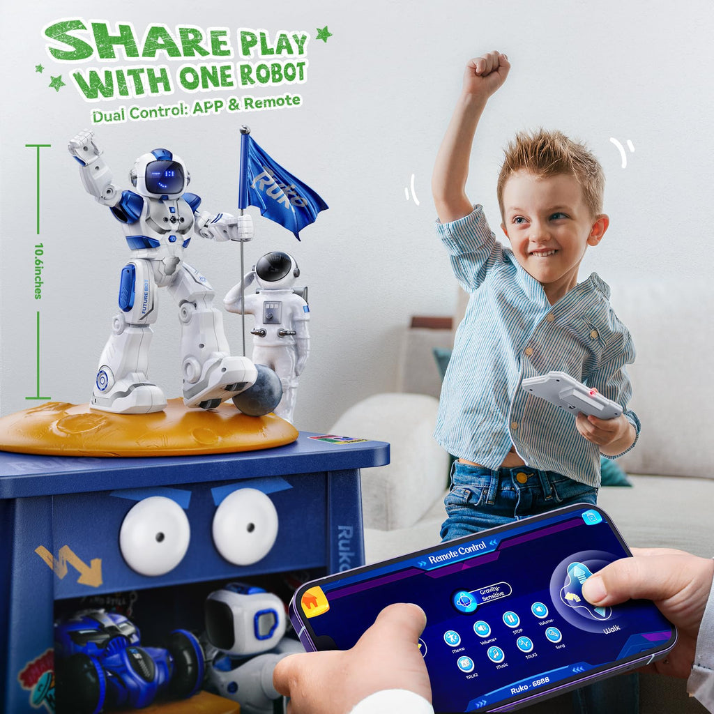 Ruko 6088 Robot Toys for kids, Programmable Remote Gesture Sensing & APP Control, Interactive LED Face, Dancing Singing Rechargeable Smart Robot, Birthday Present for Age 3-6 Year Old Boys Girls, Blue