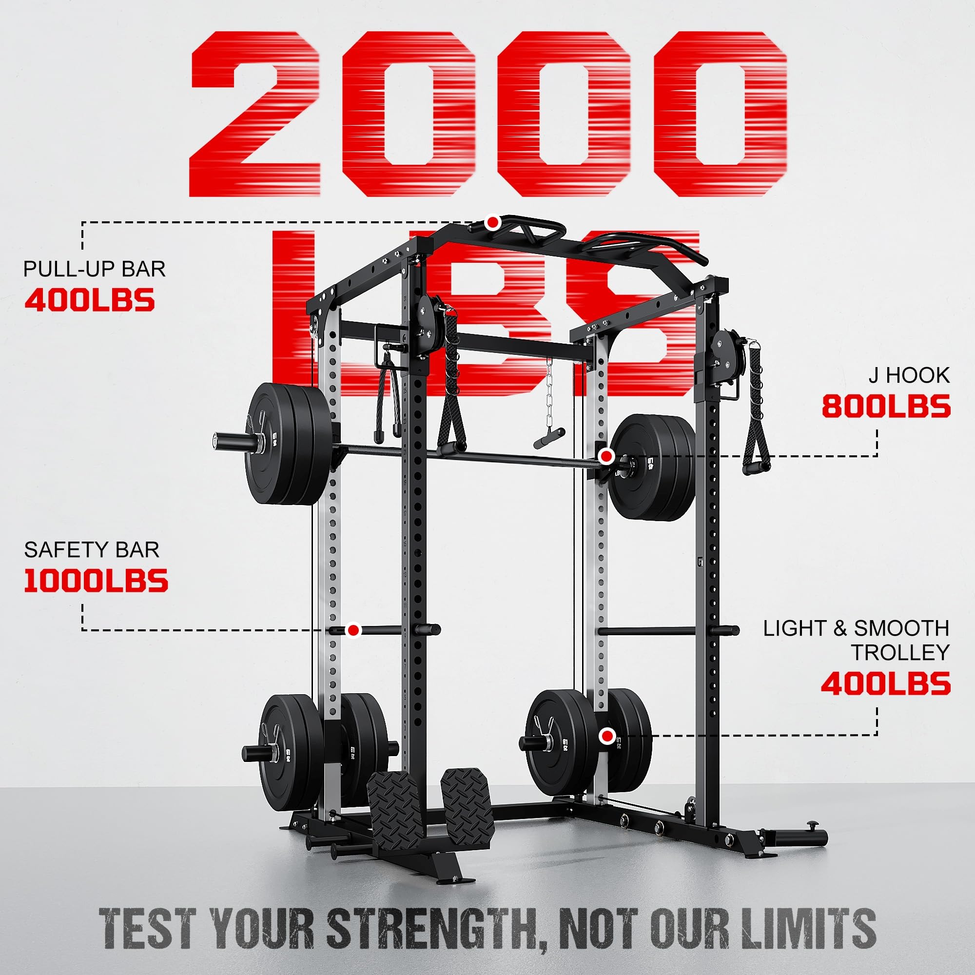 DP01 Power Cage, 2000LBS Squat Rack with with Cable Crossover and Dual Independent Pulley System, Full Cage for Full Body Training, Power Rack with More Training Attachments for Home Gym