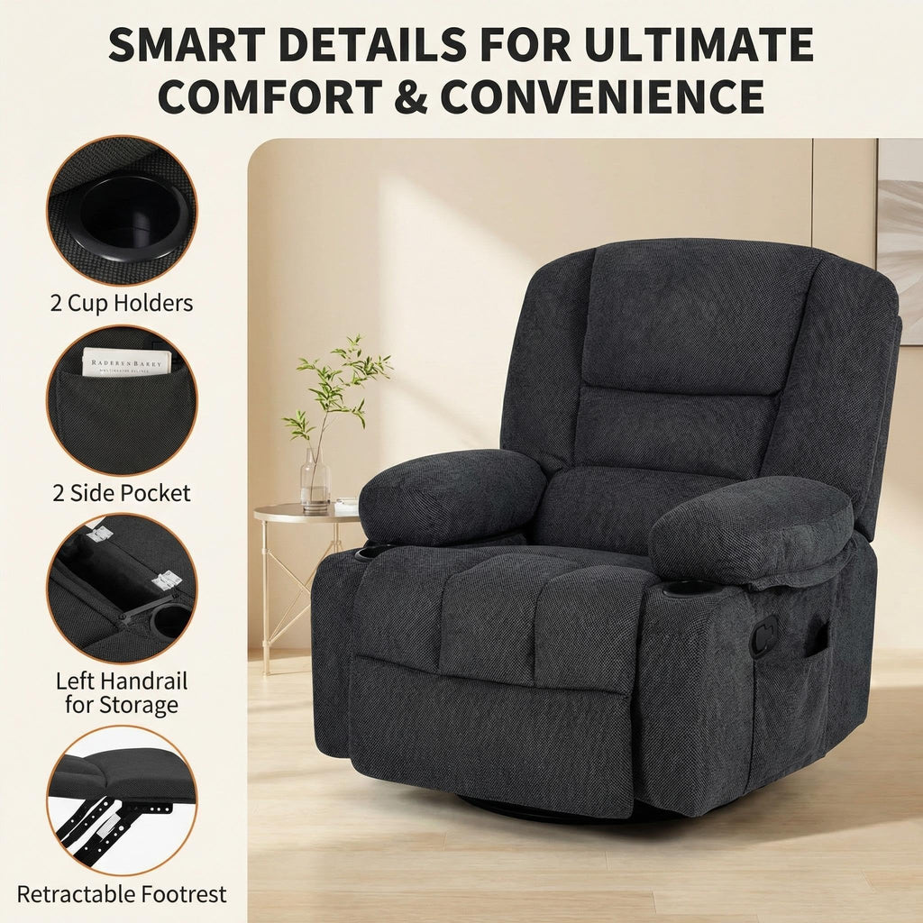 Oversized Wide Recliner Chair with Vibration Massage and Heat, 360° Swivel Recliner Glider for Adults,Chenille Fabric Manual Reclining Single Sofa with Cup Holders & Side Pockets for Living Room,White
