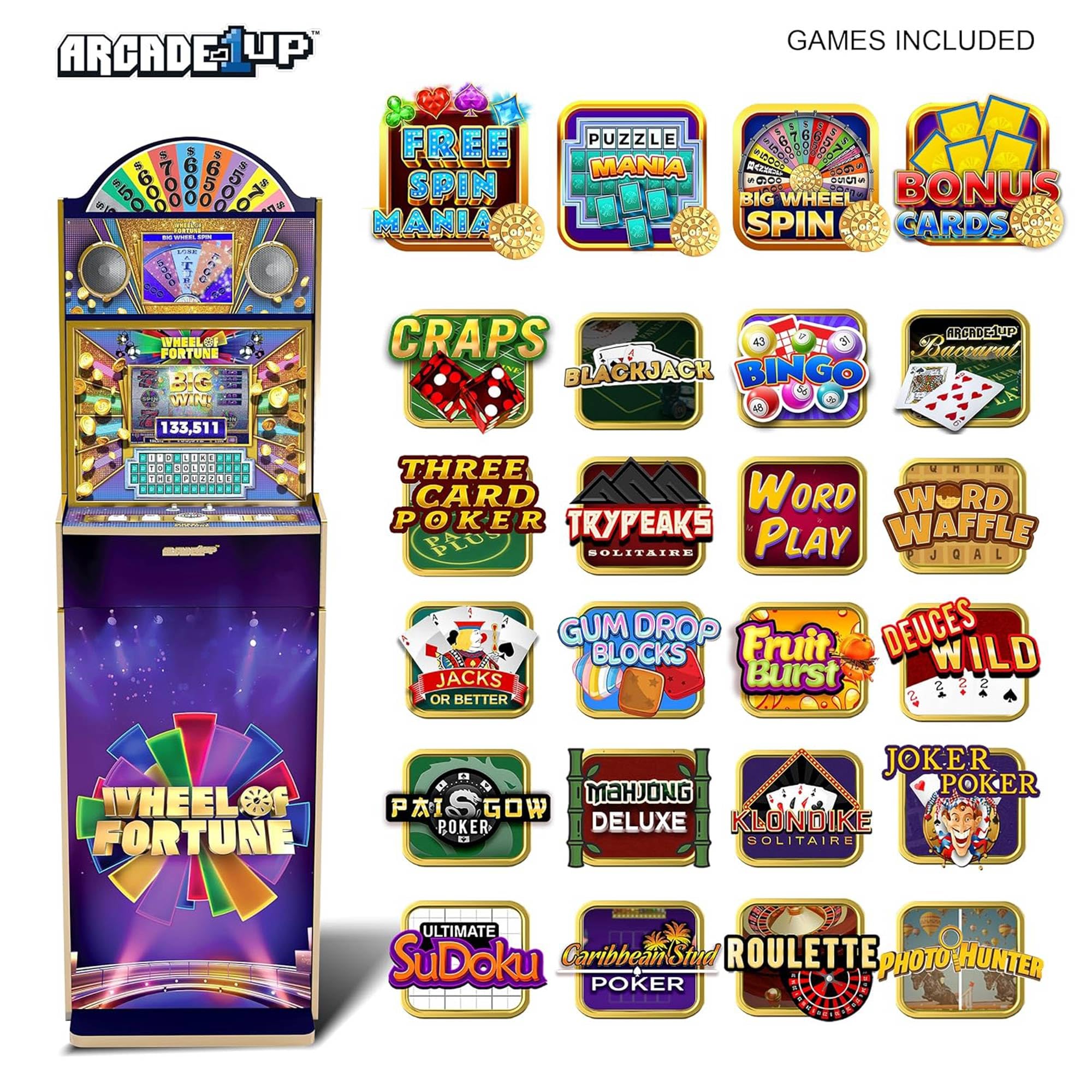 Wheel of Fortune Casinocade Deluxe Arcade Machine for Home, Over 5-feet-Tall Stand-up Cabinet, and 24 Games