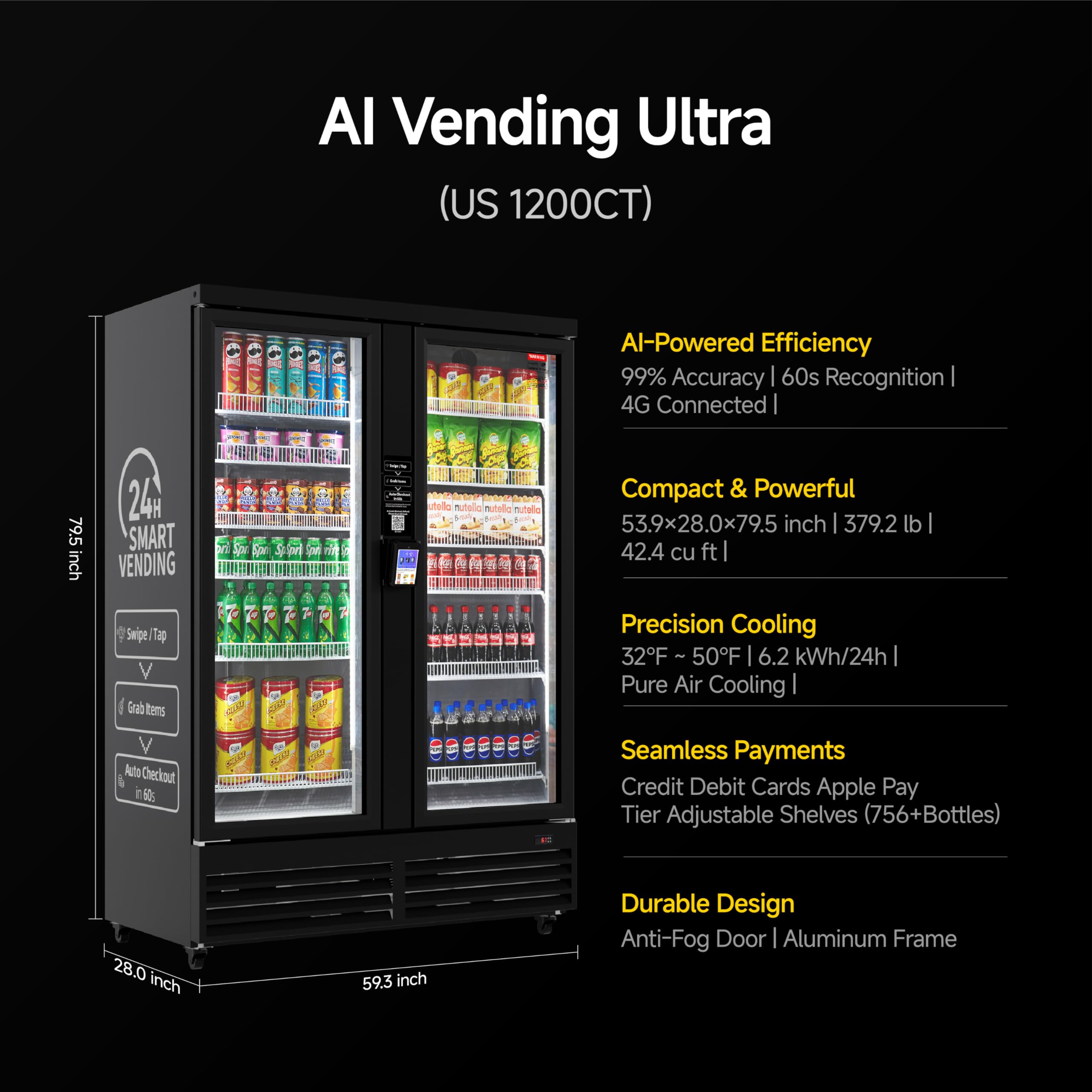HAHA Smart AI Vending Machine for Business Contactless Grab & Go, Multi-Item Combo Vending with APP Management & Cashless Payment (Black, AI Plus)