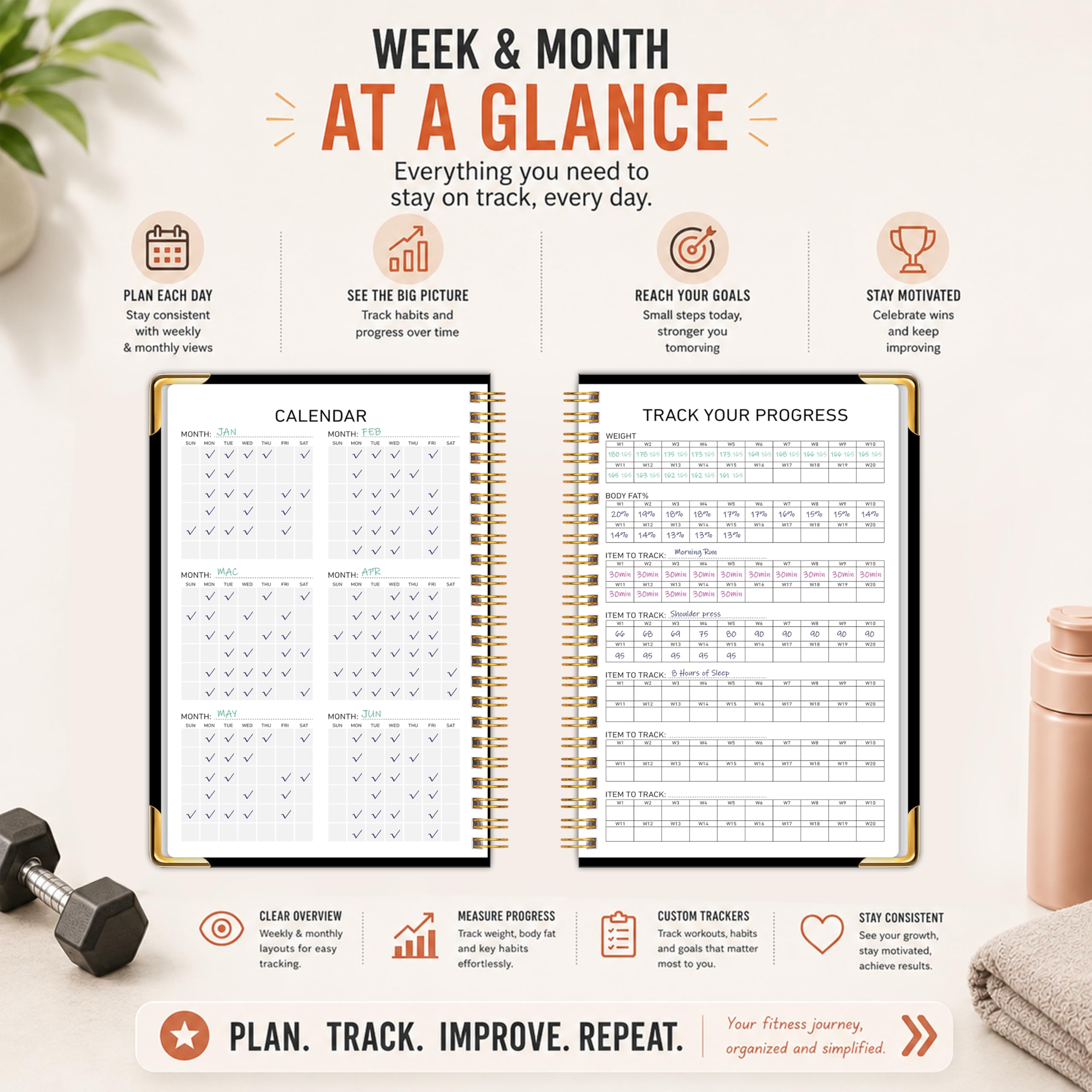 Workout Journal Fitness Tracker Planner for Men & Women, Exercise Log Book to Track Gym & Home Training, Goals, Sets, Reps & Progress, 142 Pages, A5 5.7" x 8.2" Portable Hardcover with Metal Corners, Green