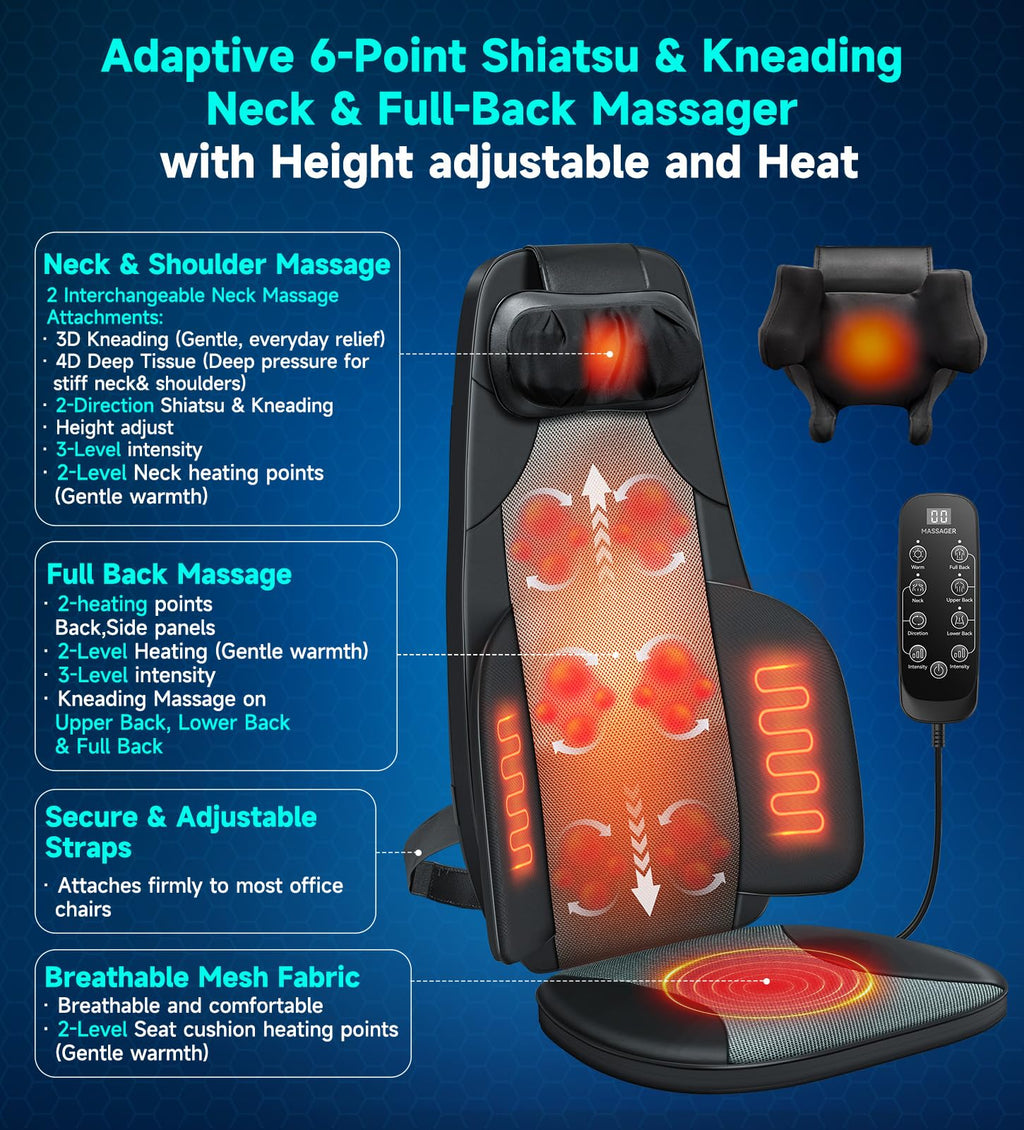 Shiatsu Neck and Back Massager for Chair with Heat, 2 Interchangeable Attachments Full Back Massage Pad Deep Tissue, Adjustable Height 3-Level Intensity for Office Home, Masajeador de Espalda, Khaki