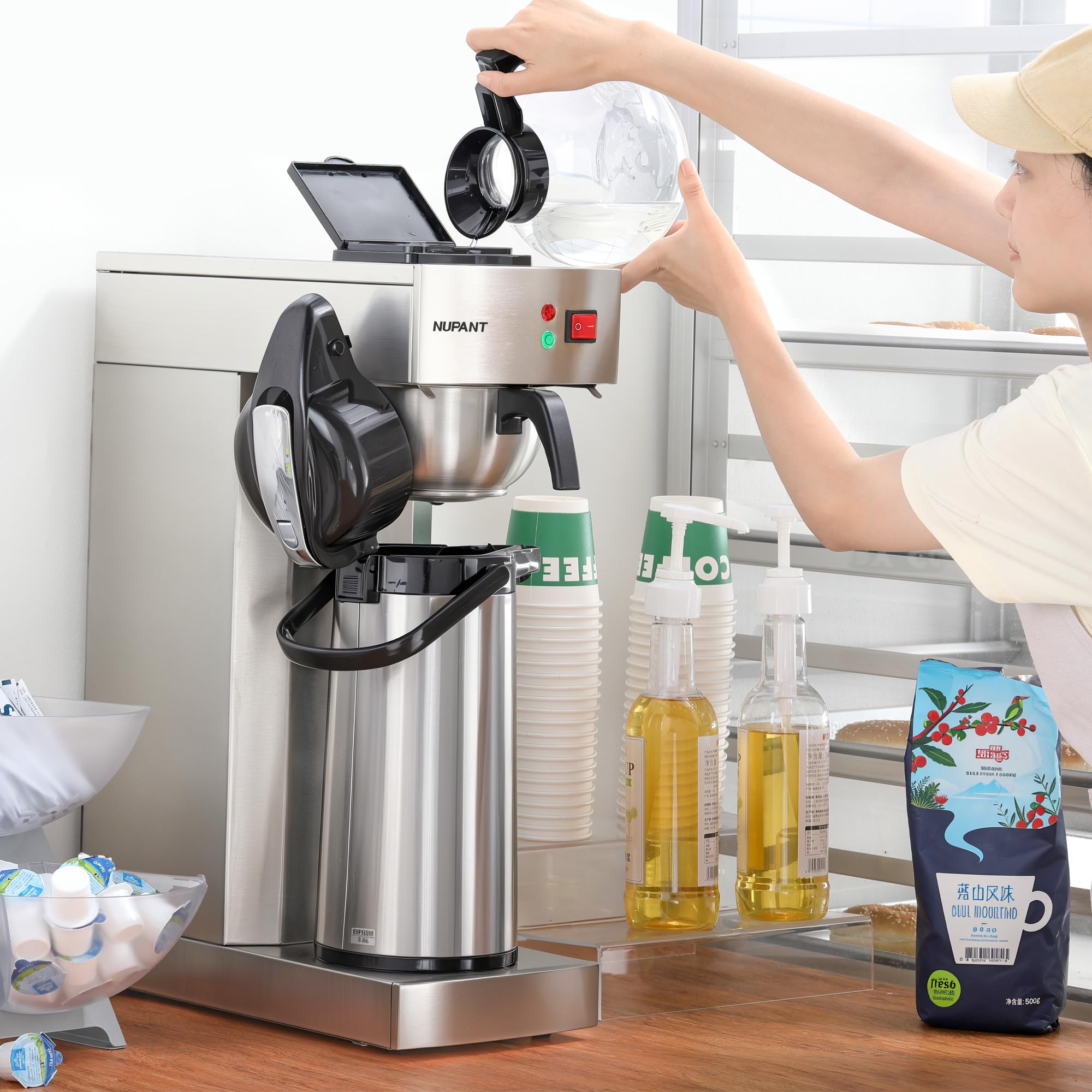 NUPANT Auto-Filling Commercial Airpot Coffee Brewer 2.2L/74oz Dirp Coffee Maker Machine with 24 Hours Hot Thermal Carafe Stainless Steel Pour Over Coffee Dispenser 120V/1450W for Restaurant Office