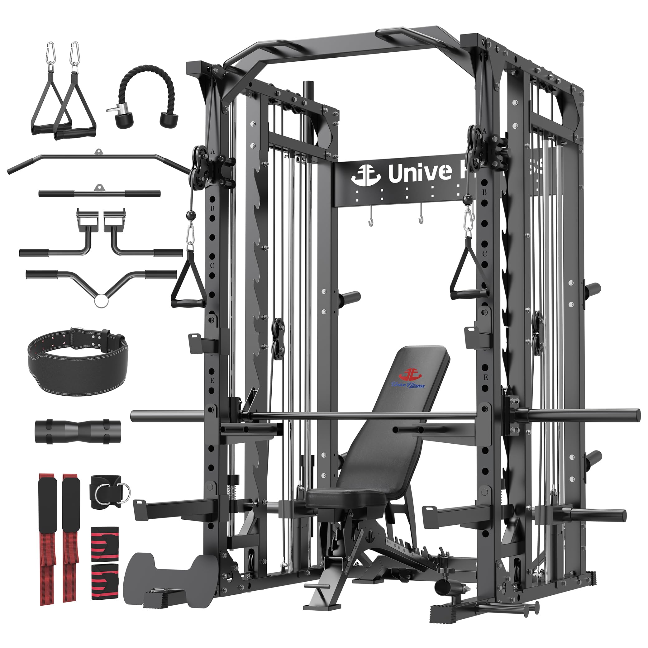 Unive Fitness Smith Machine, Commercial-Grade All-in-One Home Gym Power Cage with Squat Rack, Dual Cable Crossover & Pulley System, Complete Attachments for Full Body Workouts