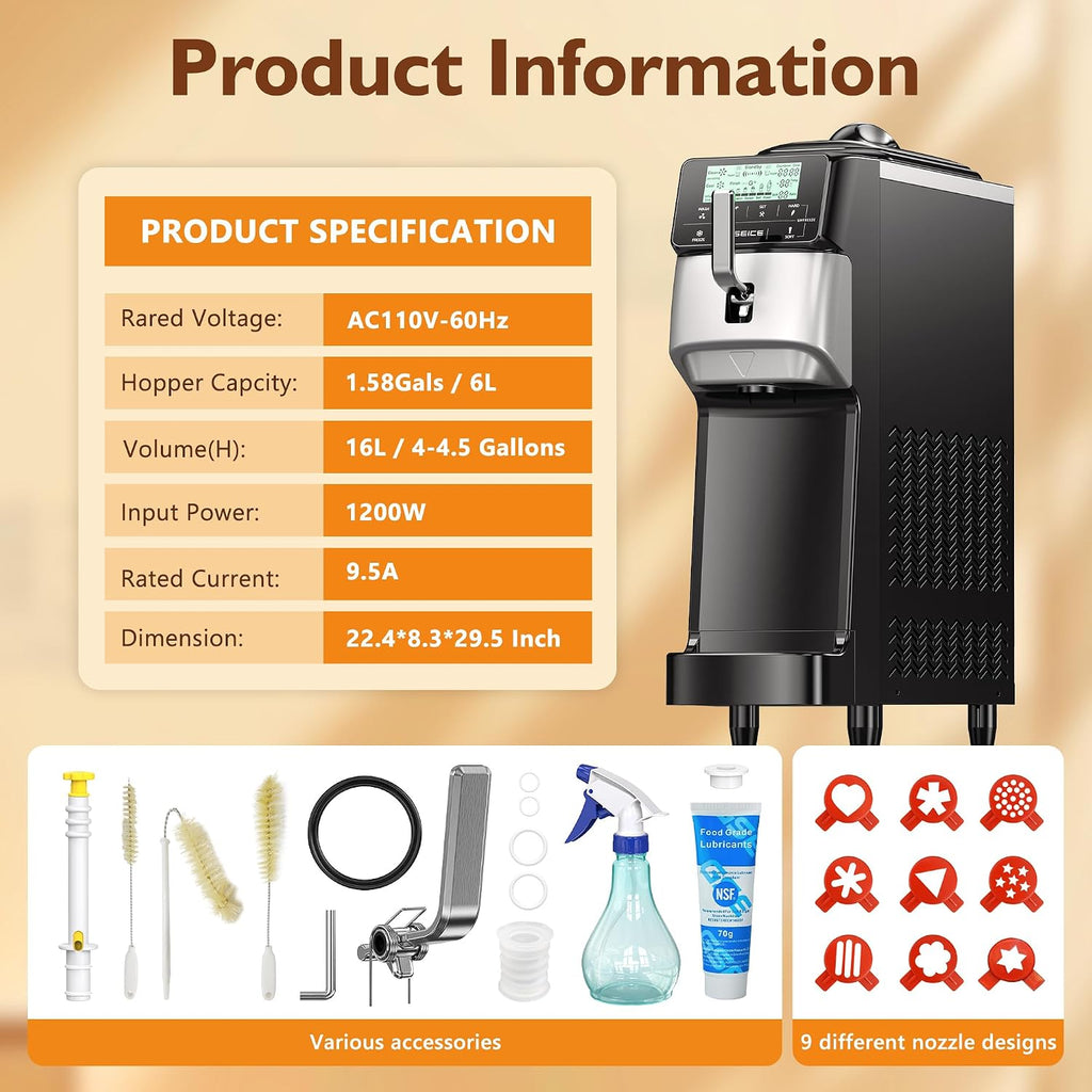 Commercial Soft Serve Ice Cream Maker,3.5 Gal/H 5" Touch Screen, Auto-Clean & Pre-Cool, Stainless 6L Hopper for Café Restaurant