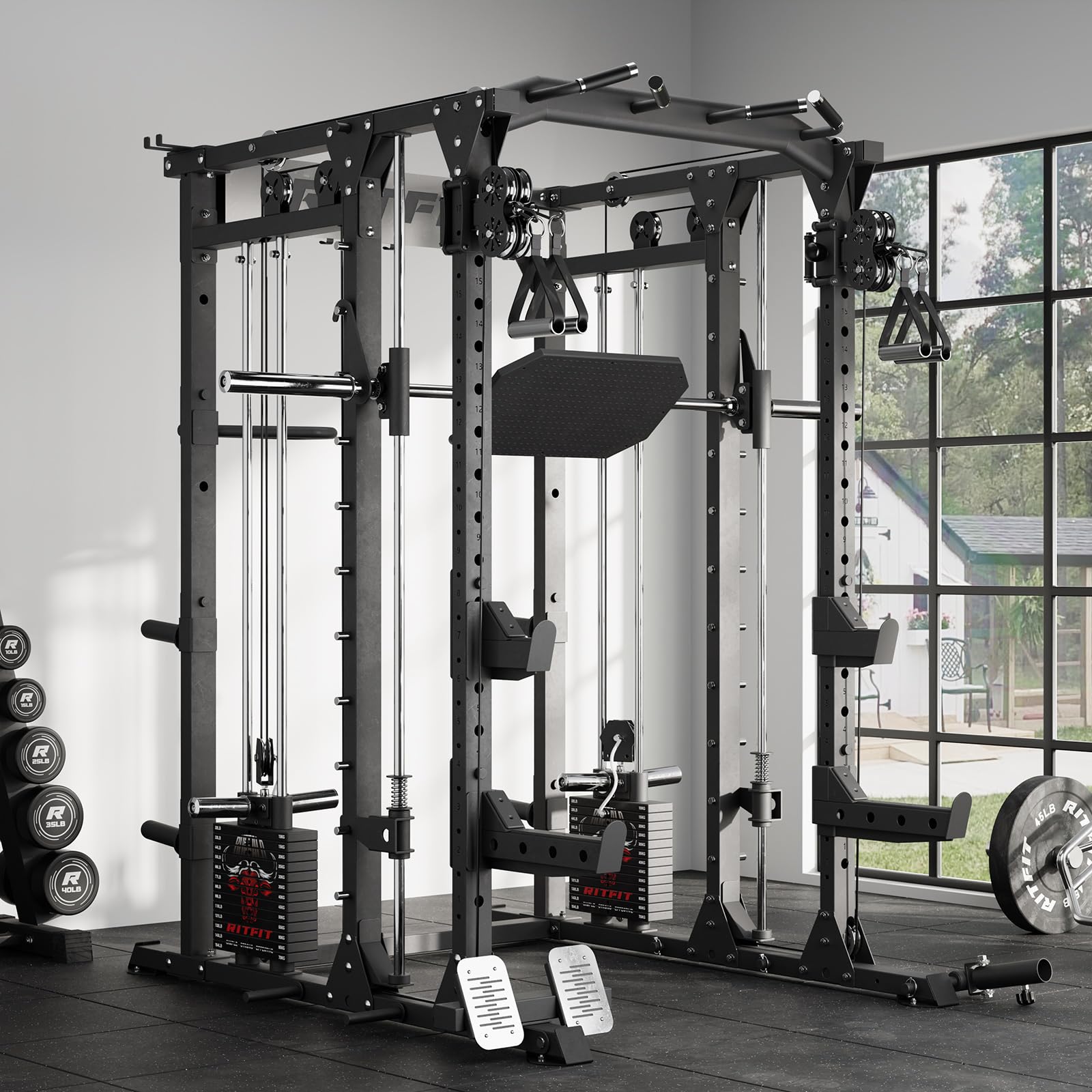 RitFit Buffalo Smith Machine Package, All-in-One Power Cage with Weight Stack , Power Rack with Cable Crossover & Leg Press Attachment for Home Gym