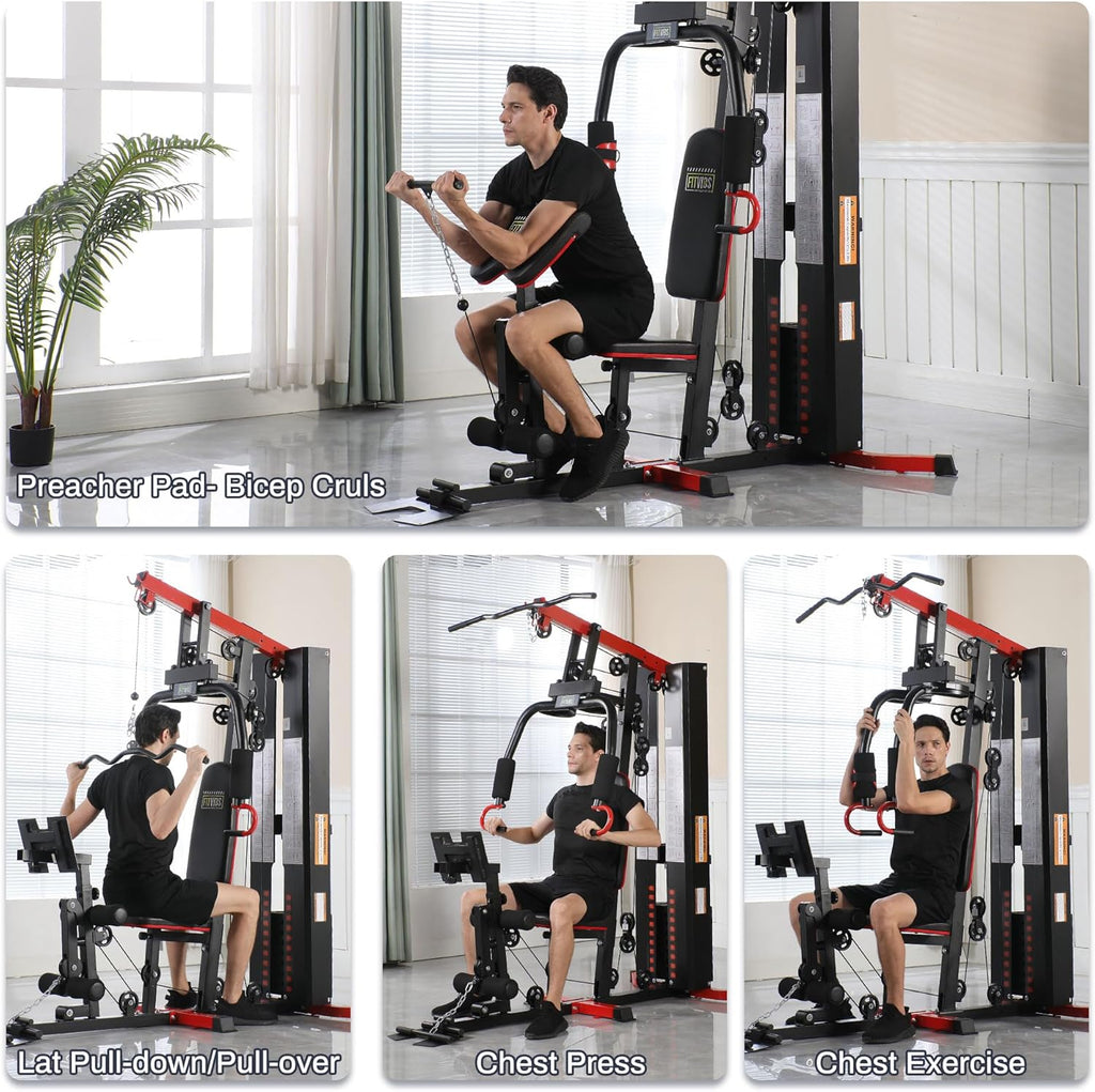Fitvids Multifunctional Home Gym Equipment with 122.5 lbs Weight Stack, Full Body Workout Weight Machine, All-in-One Strength Training Exercise Equipment with Pulley System & Leg Press