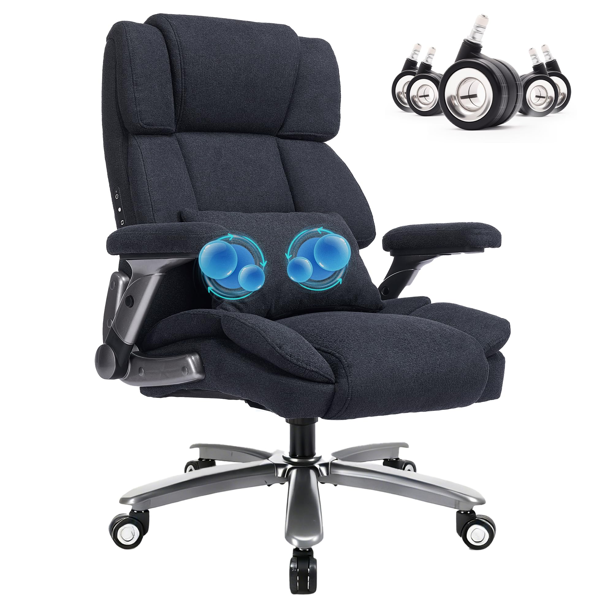 750lbs Heavy Duty Desk Chair with 3D Kneading Massage, Big and Tall Office Chairs with Ergonomic Support, 3D Armrests, 5 Quiet Dual Rubber Wheel, Thick Pocket Spring Cushion(Black, PU)