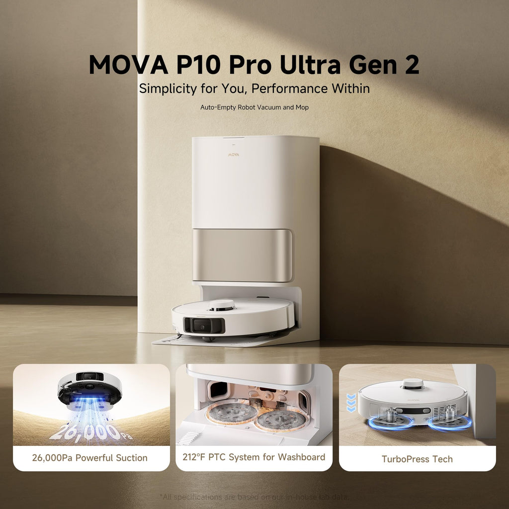 Mova P10 Pro Ultra Robot Vacuum and Mop 13,000Pa Suction, 140°F Hot Water Auto Mop Washing & Drying, Dual Spinning Extenable Mop,10.5mm Lifting for Carpet, 360°Obstacle Avoidance, App Control