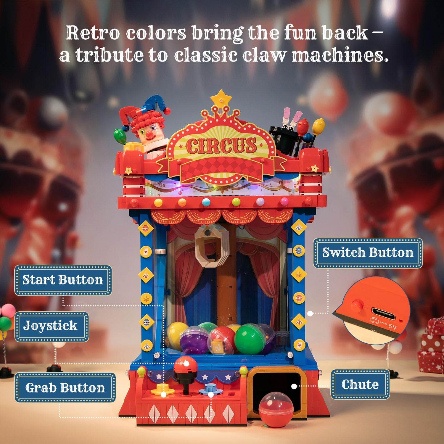 PANTASY Retro Circus Claw Machine Building Kit, Arcade Style Arcade Machine Block Model with Lights & Music, Interactive Collectible Building Set and Display Toy for Adults and Kids