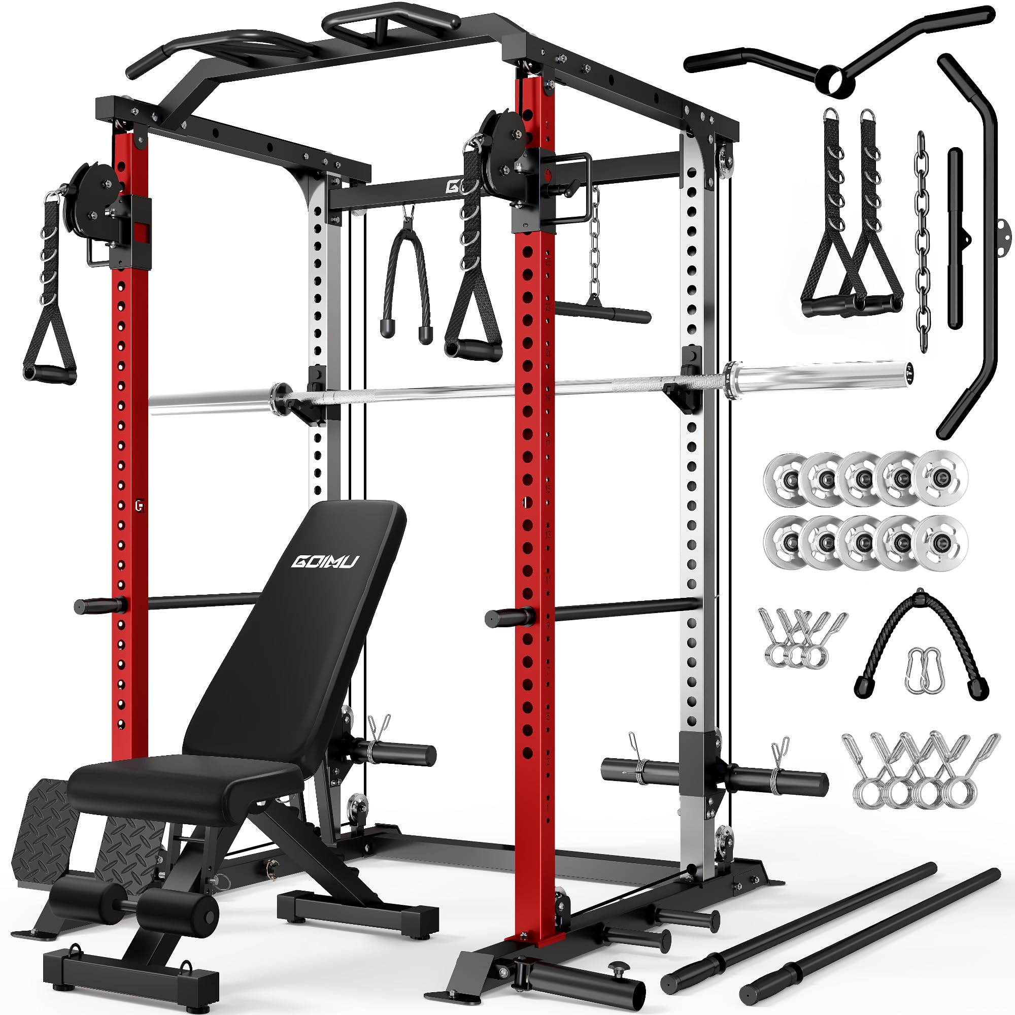 DP01 Power Cage, 2000LBS Squat Rack with with Cable Crossover and Dual Independent Pulley System, Full Cage for Full Body Training, Power Rack with More Training Attachments for Home Gym