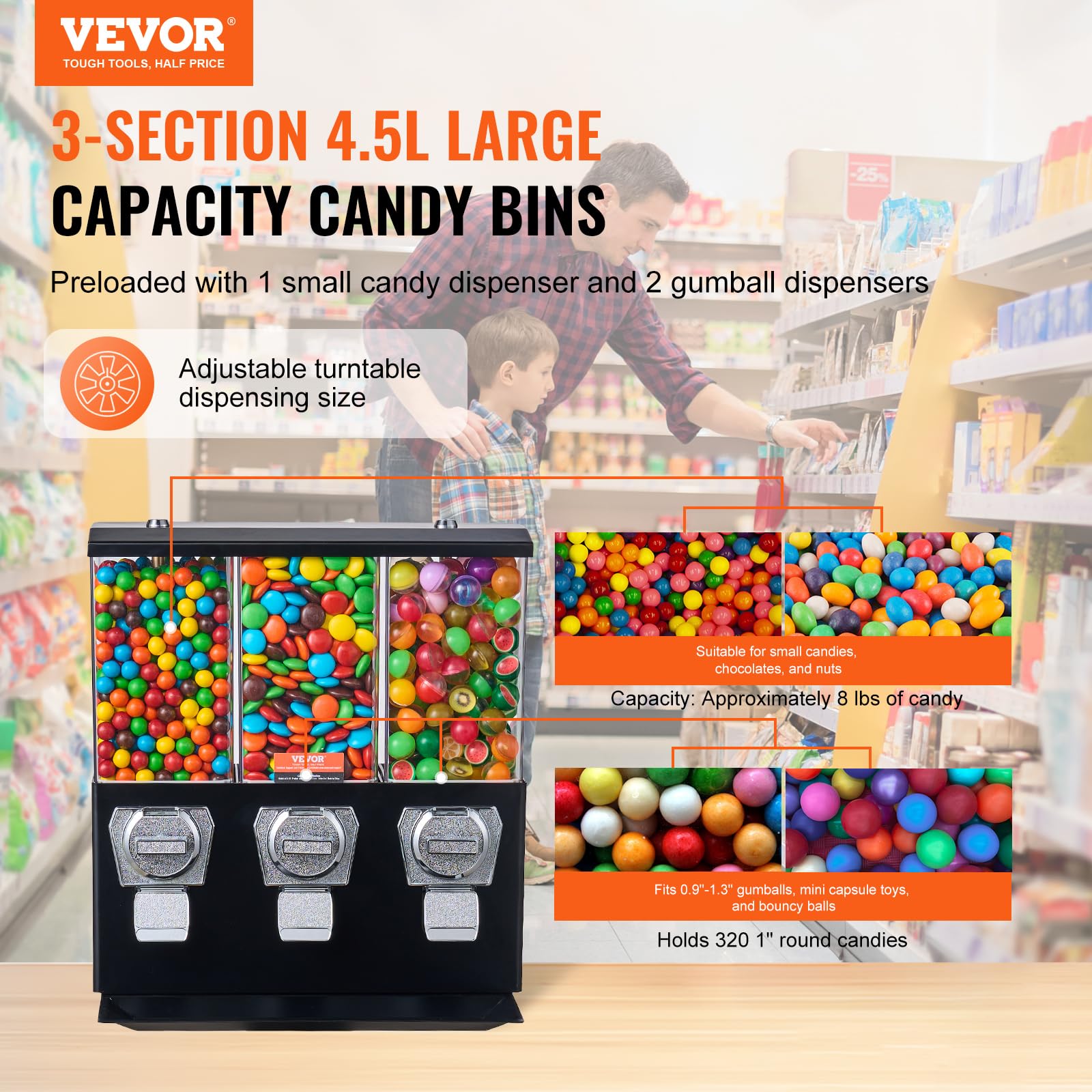 VEVOR Commercial Vending Machine, Four Compartment Rotatable Gumball and Candy Dispenser, Adjustable Height Coin Operated Candy Bank with Iron Stand, for Business Toy Capsules Bouncy Balls Nut, Blue