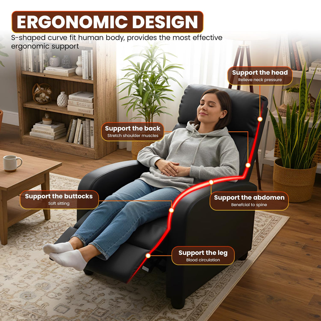 FDW Recliner Sofa Massage Chair Home Theater Seating with Lumbar Support and Padded Backrest for Living Room and Bedroom (Leather, Black)