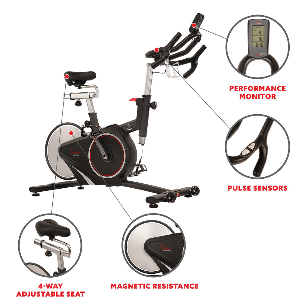 Sunny Health & Fitness Indoor Intensive Cycling Exercise Bike, Adjustable Cardio Training Exerciser w/Emergency Brake for Home, Optional Free SunnyFit App Bluetooth Link + Electromagnetic Resistance